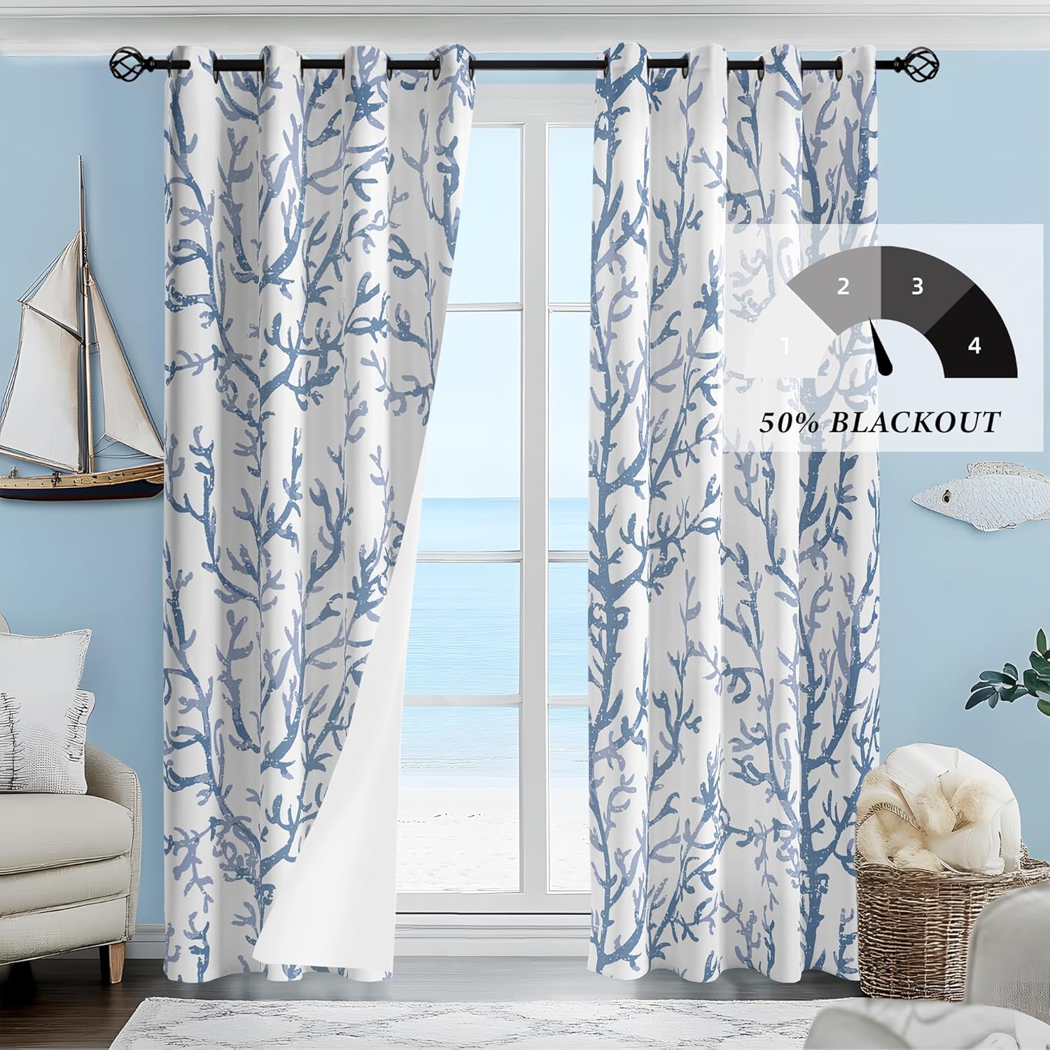 weesire Nautical Coastal Curtains Decorative Beach Ocean Coral 50% Light Blocking Sea Darkening Grommet Curtain for Villa Living Room, Bedroom Light Blue and White 2 Panels Set, 52x84 Inches