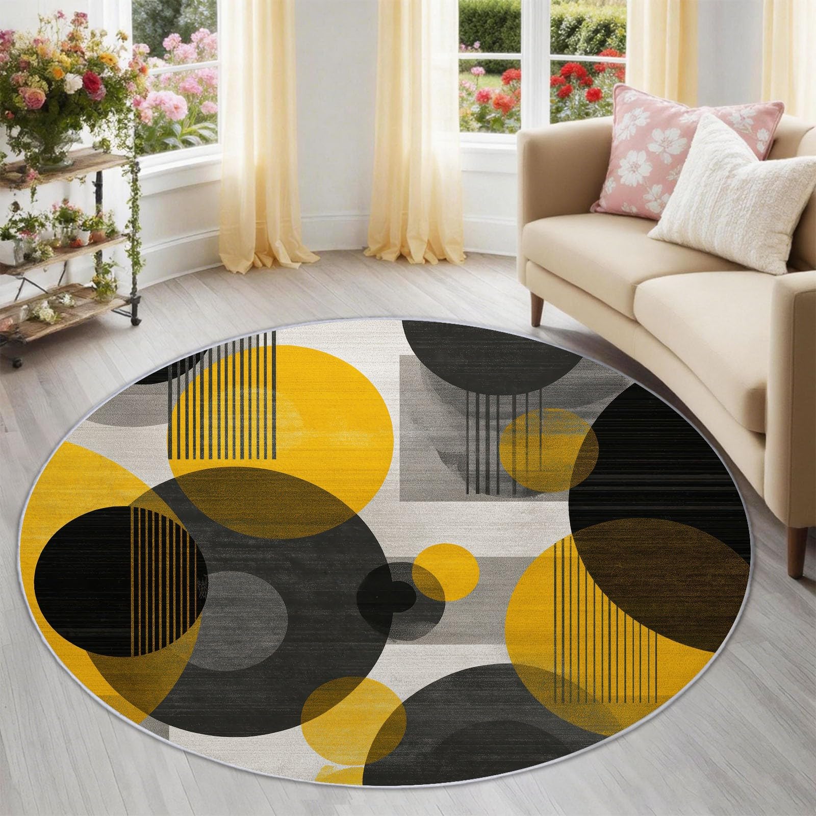 Lavabile In Lavatrice Moderno Astratto Cerchio Tappeto Rotondo 120 cm Morbido E Confortevole Pelo Corto In Flanella Tappetino Antiscivolo Camera Da Letto Tappeto Da Pavimento Giallo Nero