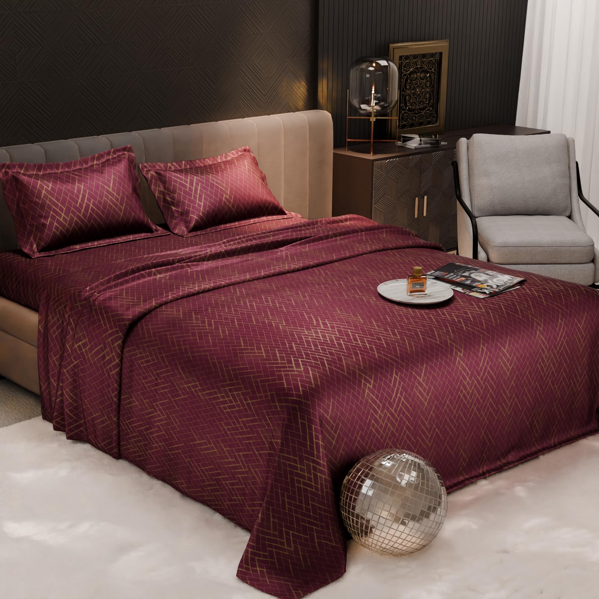 Stoa Paris 300TC UltraSatin Printed King Bedsheet with 2 Pillow Covers, Gentle on Skin & Hair, Wrinkle & Fade Resistant, Aesthetic Home Decor, Gift for Couple, Starlit Night – Wine (228cm x 274cm)