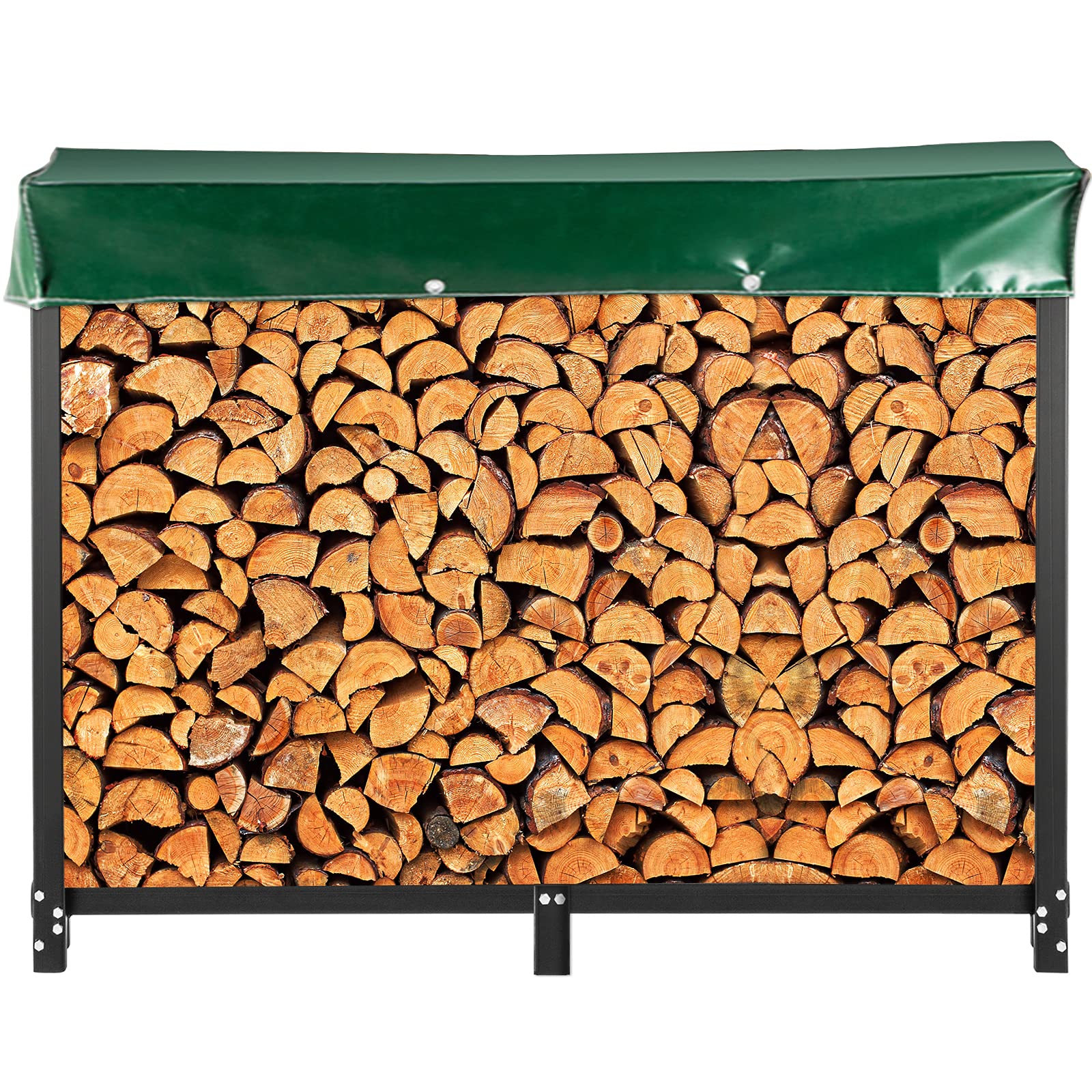 VEVOR Kaminholzregal 2,4 m Outdoor Schwarz Kaminholzregal Ständer Stahl Outdoor Holzregal Kaminholzhalter mit Tragkraft 100 lbs Abdeckung & Kaminbesteck-Set Firewood Log Rack 8ft