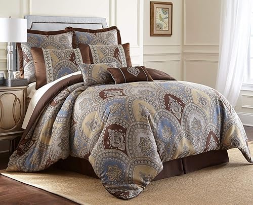 Juego de edredón veneciano de 8 piezas, tamaño King, diseño de medallón floral jacquard, tamaño King