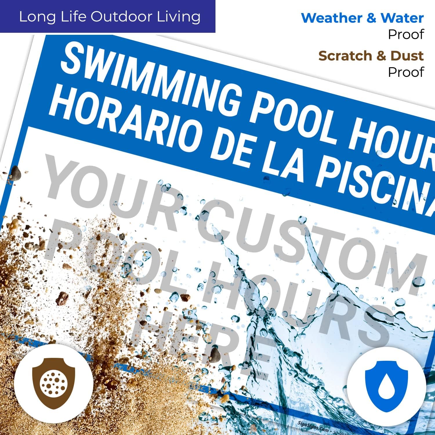 Custom Swimming Pool Hours Bilingual Sign, 10x14 Inches, Rust Free .040 Aluminum, Fade Resistant, Made in USA