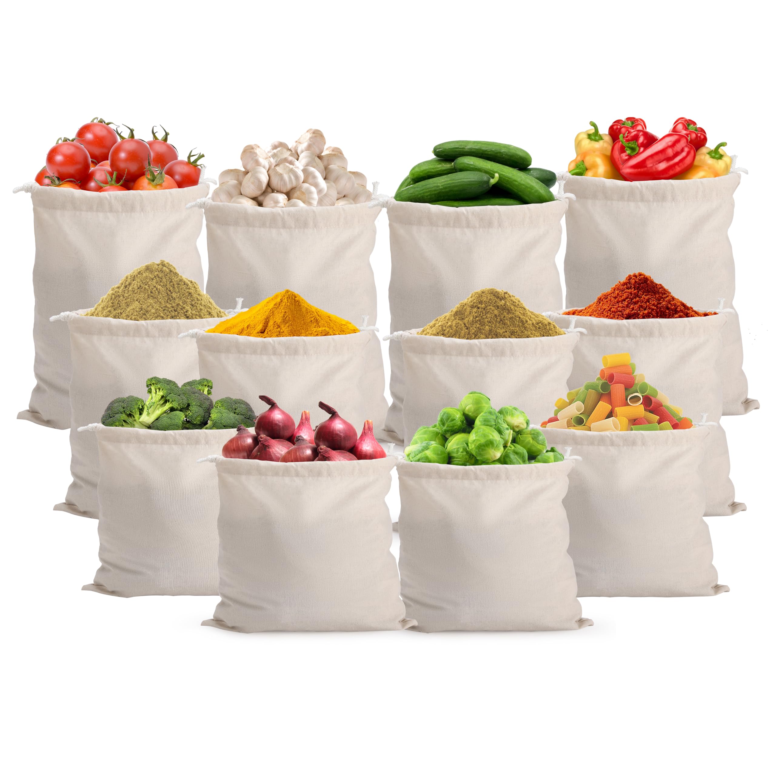 Cotton Reusable Fridge Storage Bags (Set of 12) - White, Multipurpose Eco-friendly Vegetables Bags with Good Air Circulation