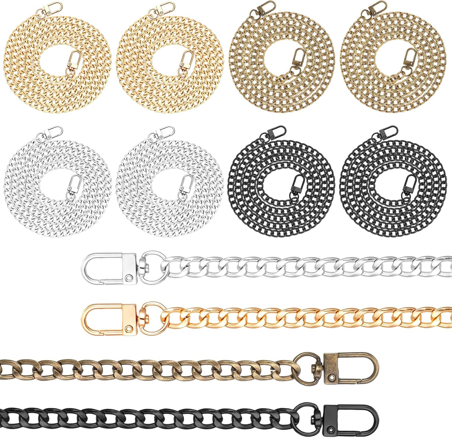Purse Chain Replacement - 12 Pack DIY Shoulder Strap Set, 4 Colors (Light Gold, Silver, Gunmetal, Antique Bronze) Metal Flat Link Handbag Straps, 47 Inches Long