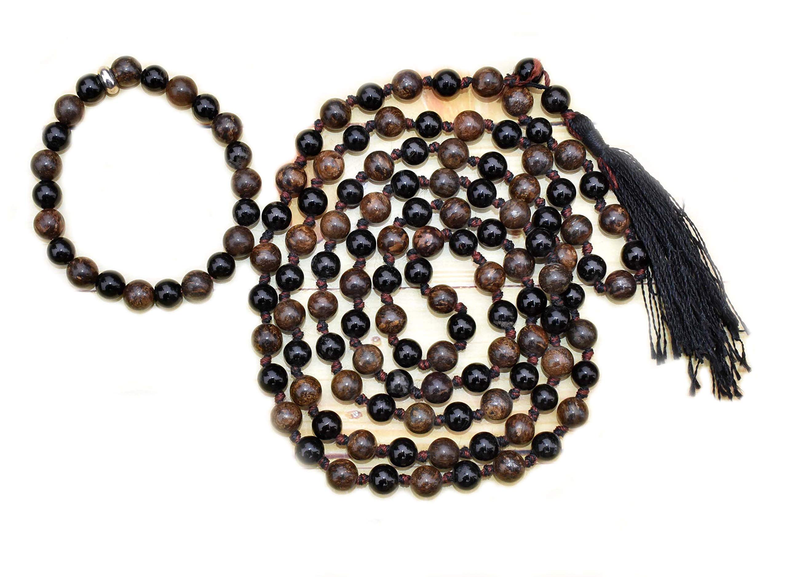 Healings4uBlack Tourmaline + Bronzite Knotted Mala & One Bead Bracelet Size - 8mm Natural Healing Reiki Crystal Chakra Balancing Vastu Stone