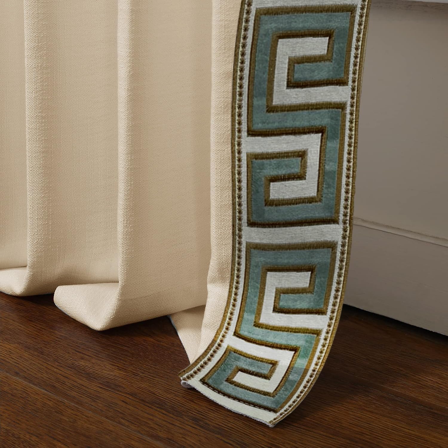 Pinch Pleat Linen Window Curtains with Embroidery Trim Lined Pleated Drapes with Hooks 96 inches Long 2 Panels for Living Room, 40W x 96L, Sand Beige S1