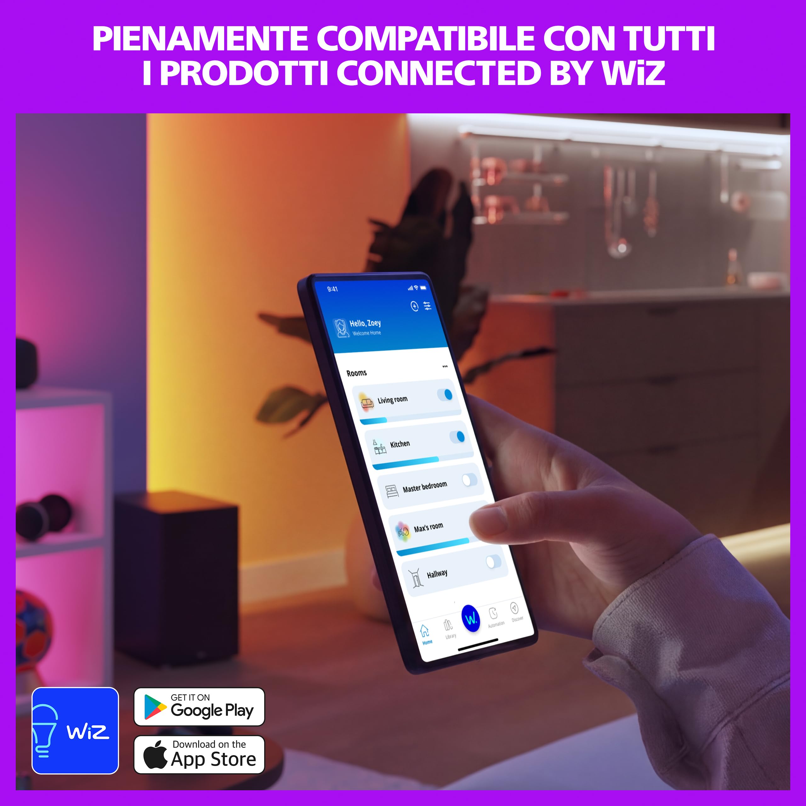 Philips Smart Lighting, Lampadina LED C37 Smart RGB, 4 Pz, E14, 470 lm, Luce Bianca Regolabile e a Colori 2.200-6.500 K, Dimmerabile, Connected by WiZ, Alexa, Google Home, Apple Home, Luci Led