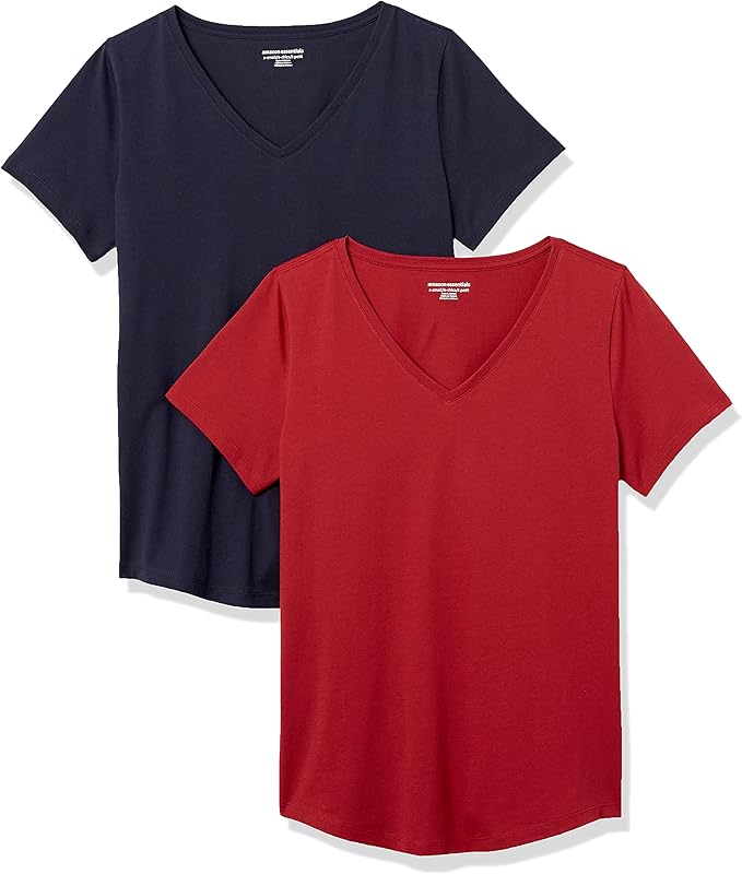 Amazon Essentials Womens 2Pack 100 Cotton Relaxedfit ShortSleeve V