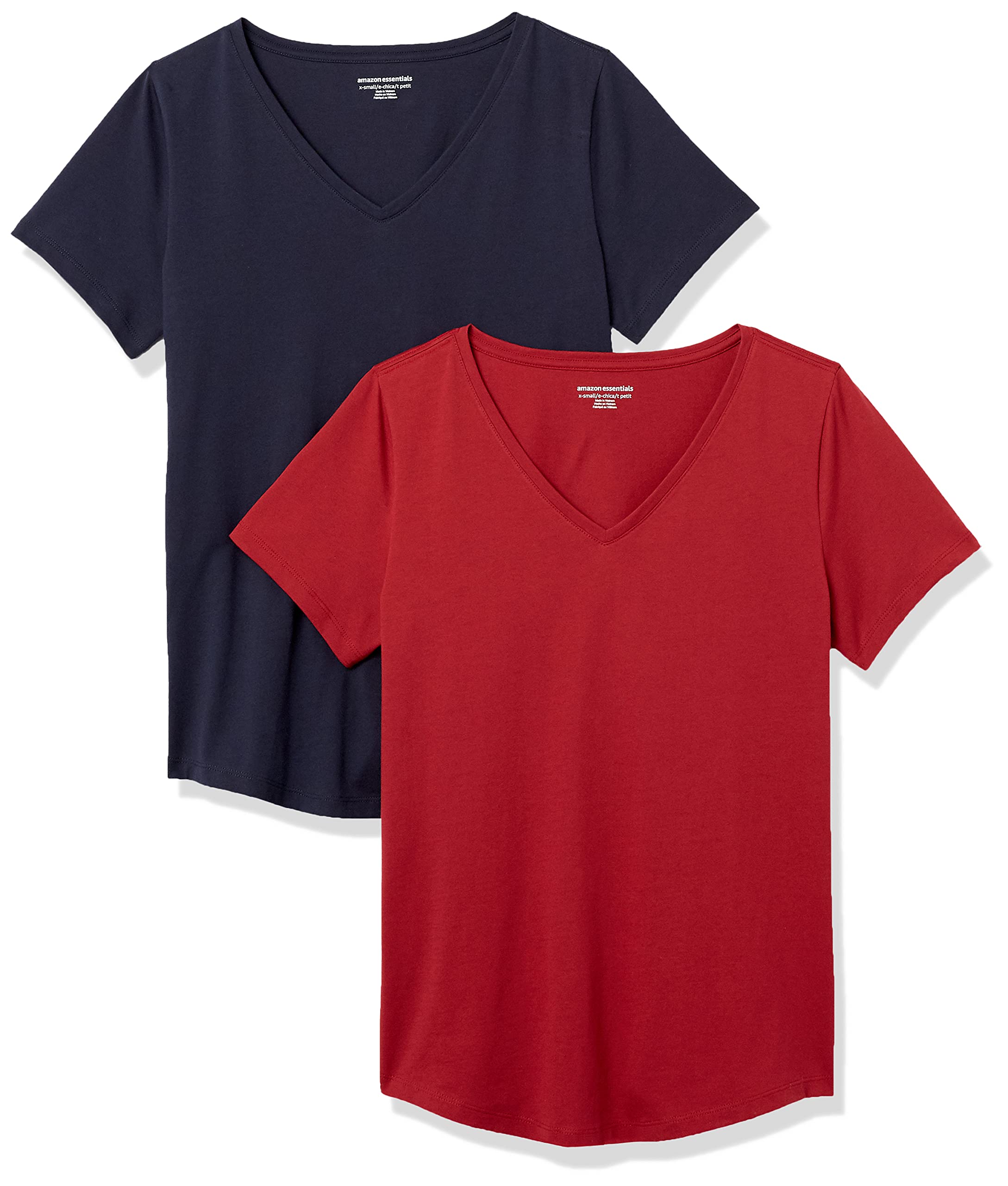 Amazon EssentialsWomen's Classic-Fit 100% Cotton Short-Sleeve V-Neck T-Shirt (Available in Plus Size), Pack of 2