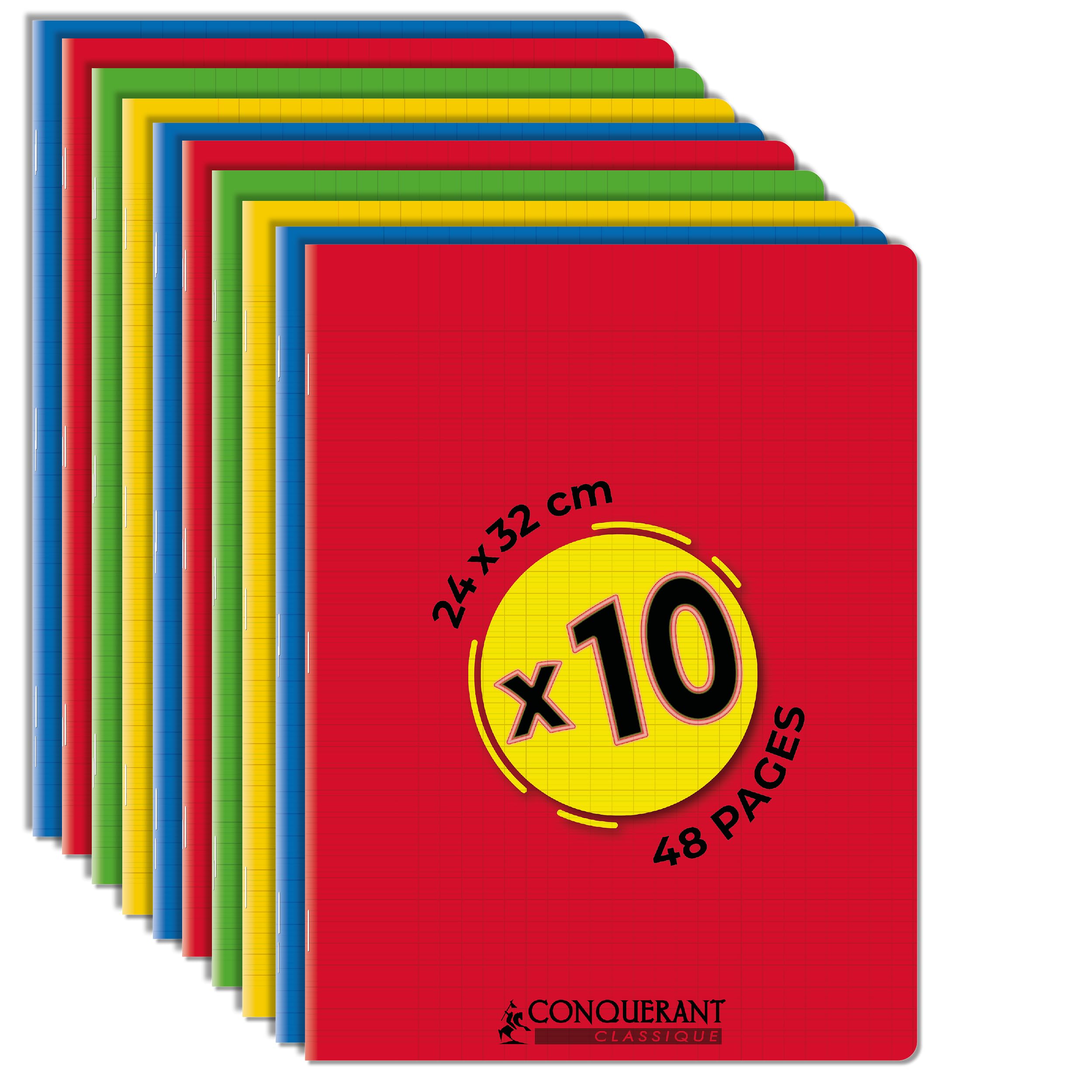 CONQUERANT Set of 10 Classic Notebooks 24 x 32 cm Large Squares Seyès 48 Stapled Pages