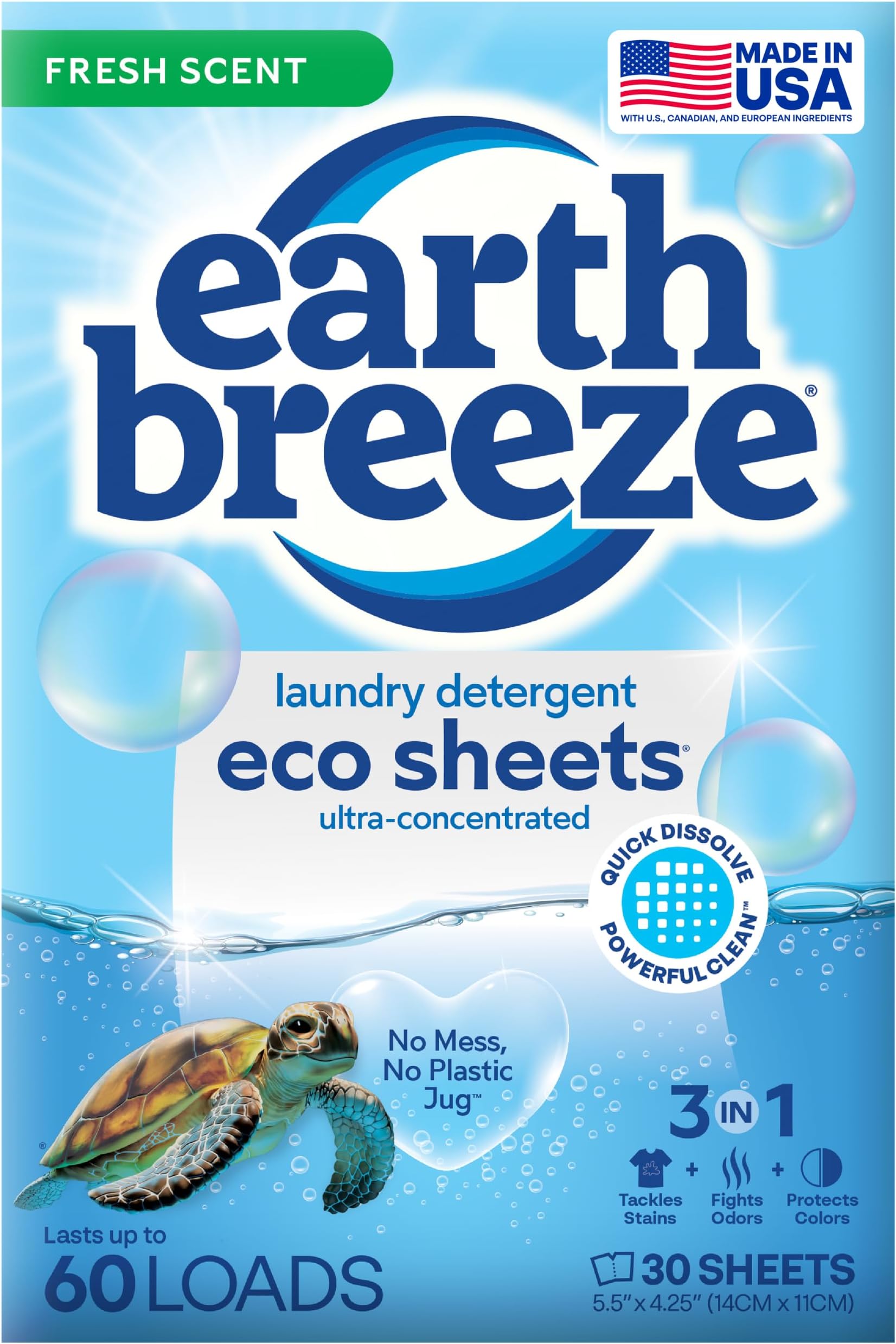Earth Breeze Laundry Detergent Sheets - 30 Detergent Sheets - 60 Loads - Concentrated Liquidless Laundry Soap - No Plastic Jug - Fresh Scent
