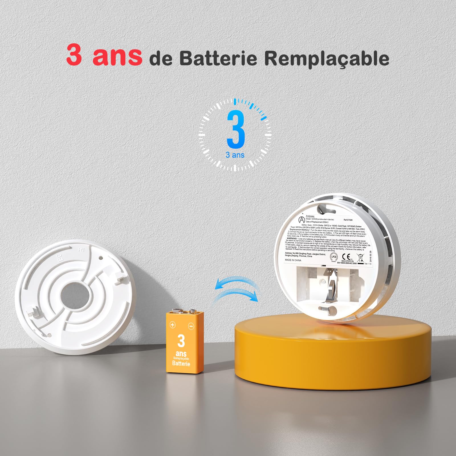 Détecteur de Fumée Pile remplaçable, GS506 Alarme Incendie Durée de Vie 10 Ans, Capteur Optique, Conforme à la Norme européenne EN14604, Lot de 1