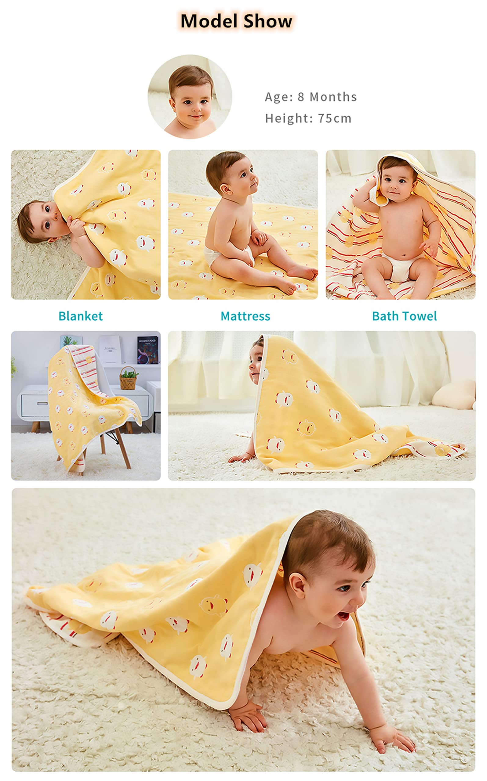 TONWHAR 6-Layer Muslin Baby Blanket – Soft Cotton Gauze, 43x43 Inch, Swaddle & Nursing Cover, Cloud Print