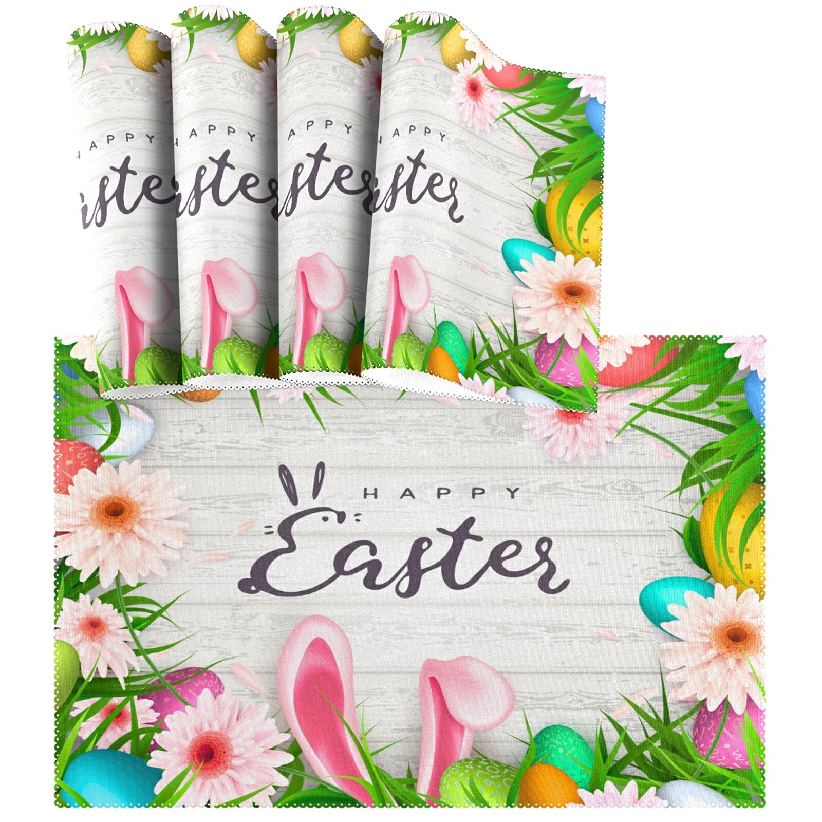 Naanle Easter Placemats Set of 4, Floral Rabbit Non Slip Heat-Resistant Washable Table Place Mats for Kitchen Dining Table Home Decoration, 12