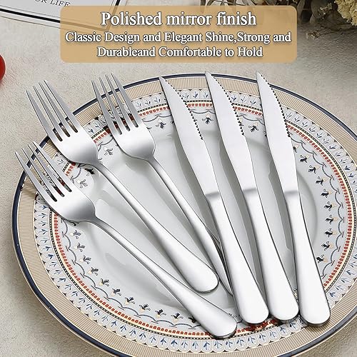 Miniatura 4 de Evanda Juego de cuchillos para carne, 24 piezas, acero inoxidable, 12 tenedores y 12 cuchillos de cena, cuchillos para carne, tenedores para carne,