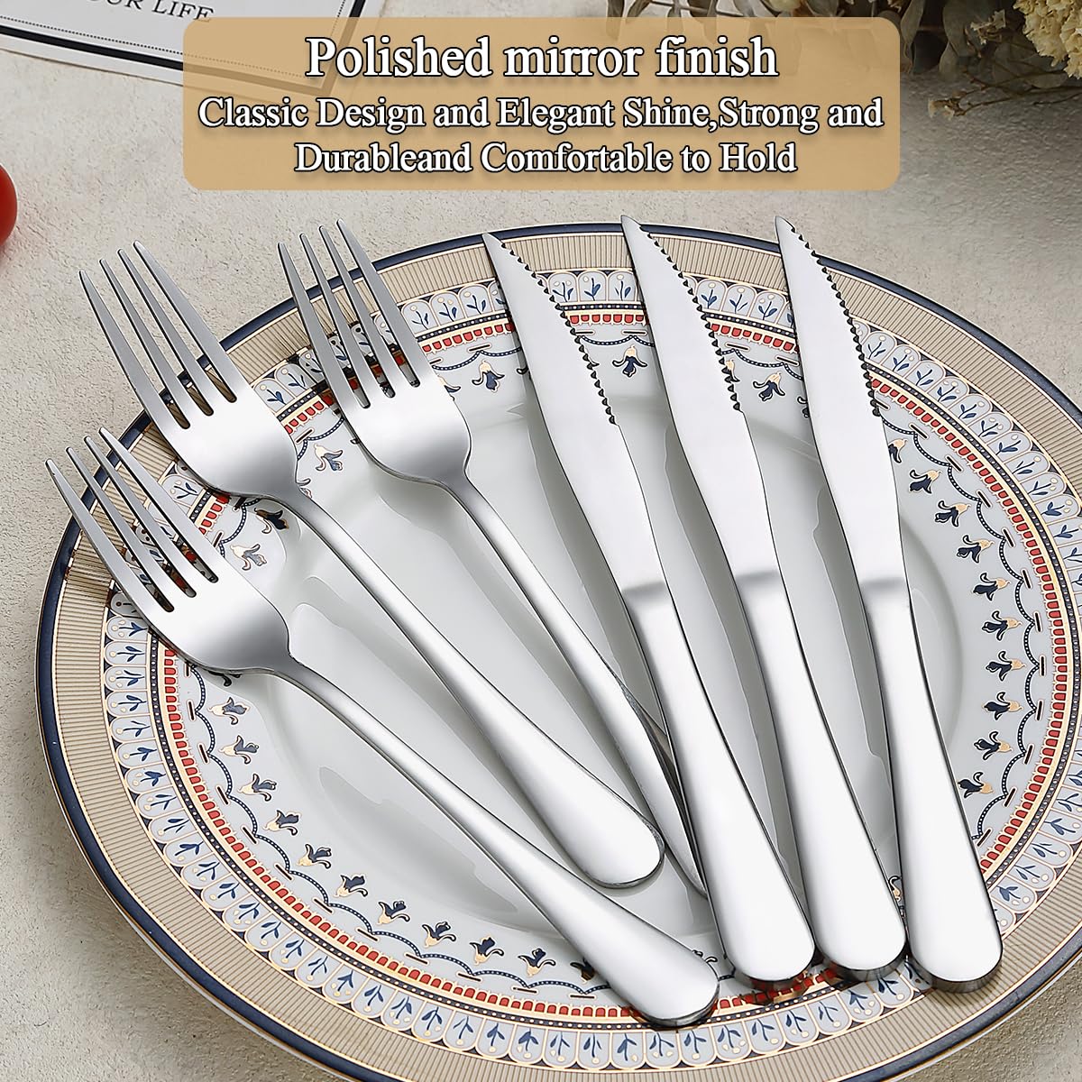 Evanda Set di coltelli da bistecca 24 pezzi, set 12 forchette in acciaio inox e 12 set coltelli da cena, coltelli da bistecca Forchette da bistecca, lavabile in lavastoviglie