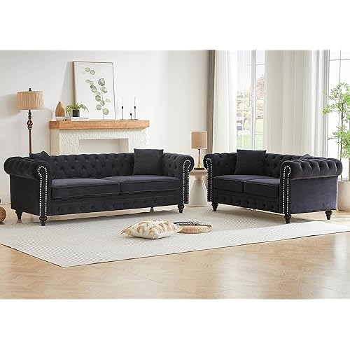 2 Piece Living Room Sofa Set, Velvet Button Tufted Couch and Loveseat Set with Nailhead Trim&Roll Armrests, Mid Century Modern Chesterfield Sofa for Living Room, Office(Loveseat+3 Seater, Dark Black)