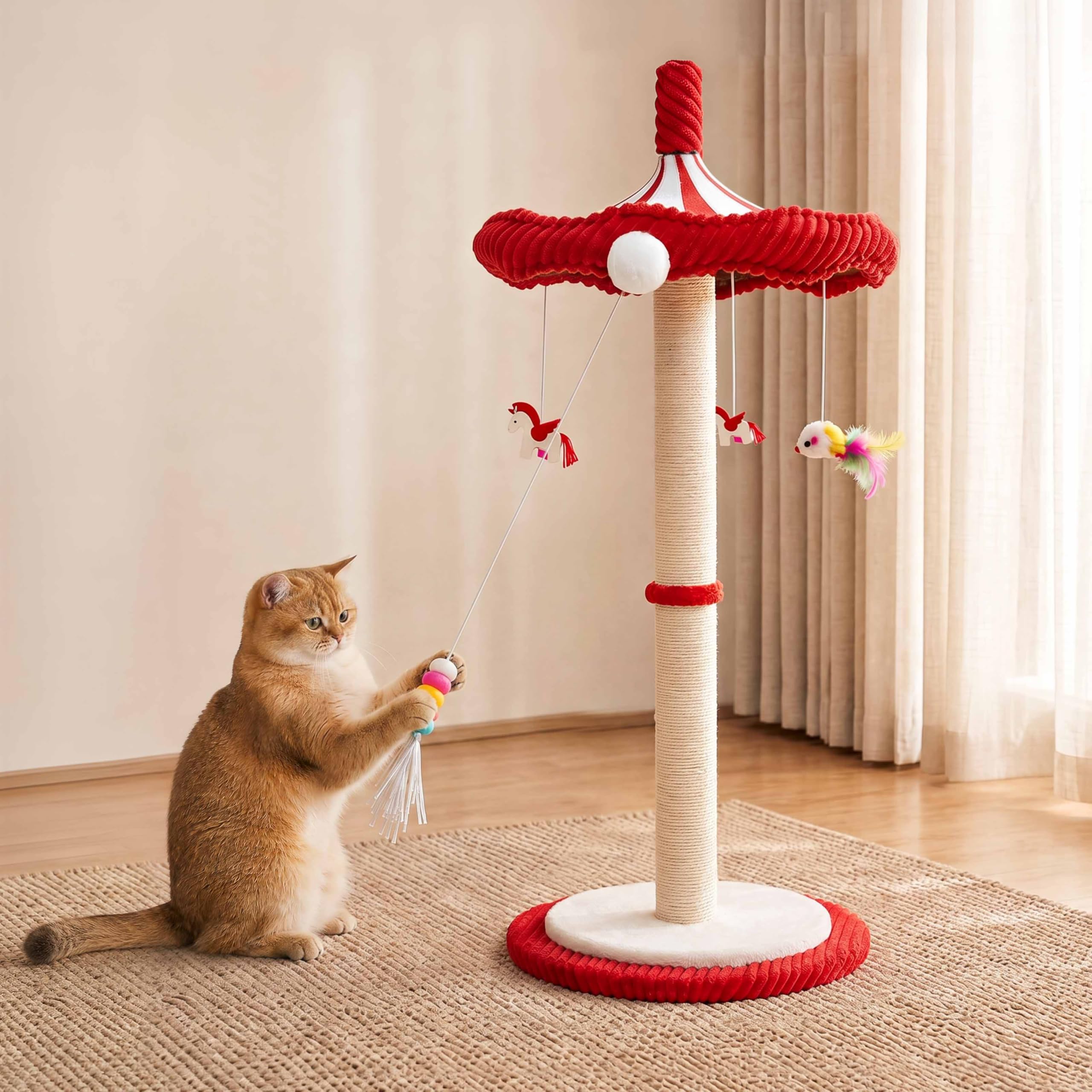Carousel Interaktives Katzenspielzeug für Indoor-Katzen, 99,1 cm hohe Katzenkratzbäume für Indoor-Katzen Erwachsene mit drehbarem Oberteil, niedlicher Katzenkratzbaum mit hängendem