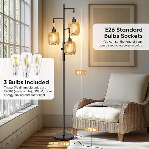 Miniatura 3 de ROTTOGOON Lámpara de pie bohemia regulable, lámpara de pie de ratán de 3 luces para sala de estar, lámparas de pie industriales con 3 bombillas LED
