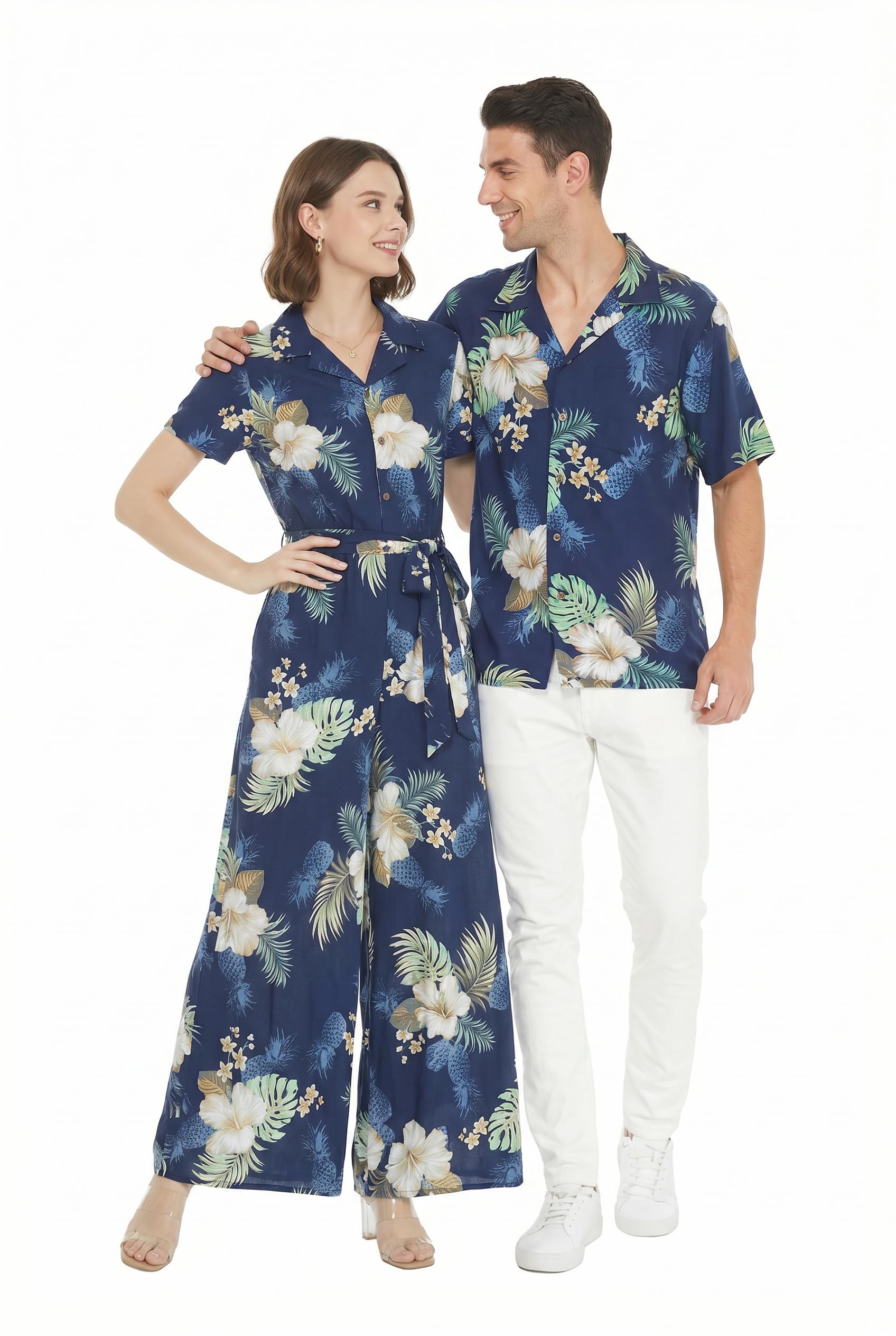 Matchable Couple Hawaiian Shirt or Jumpsuit Signature Prints Pineapple