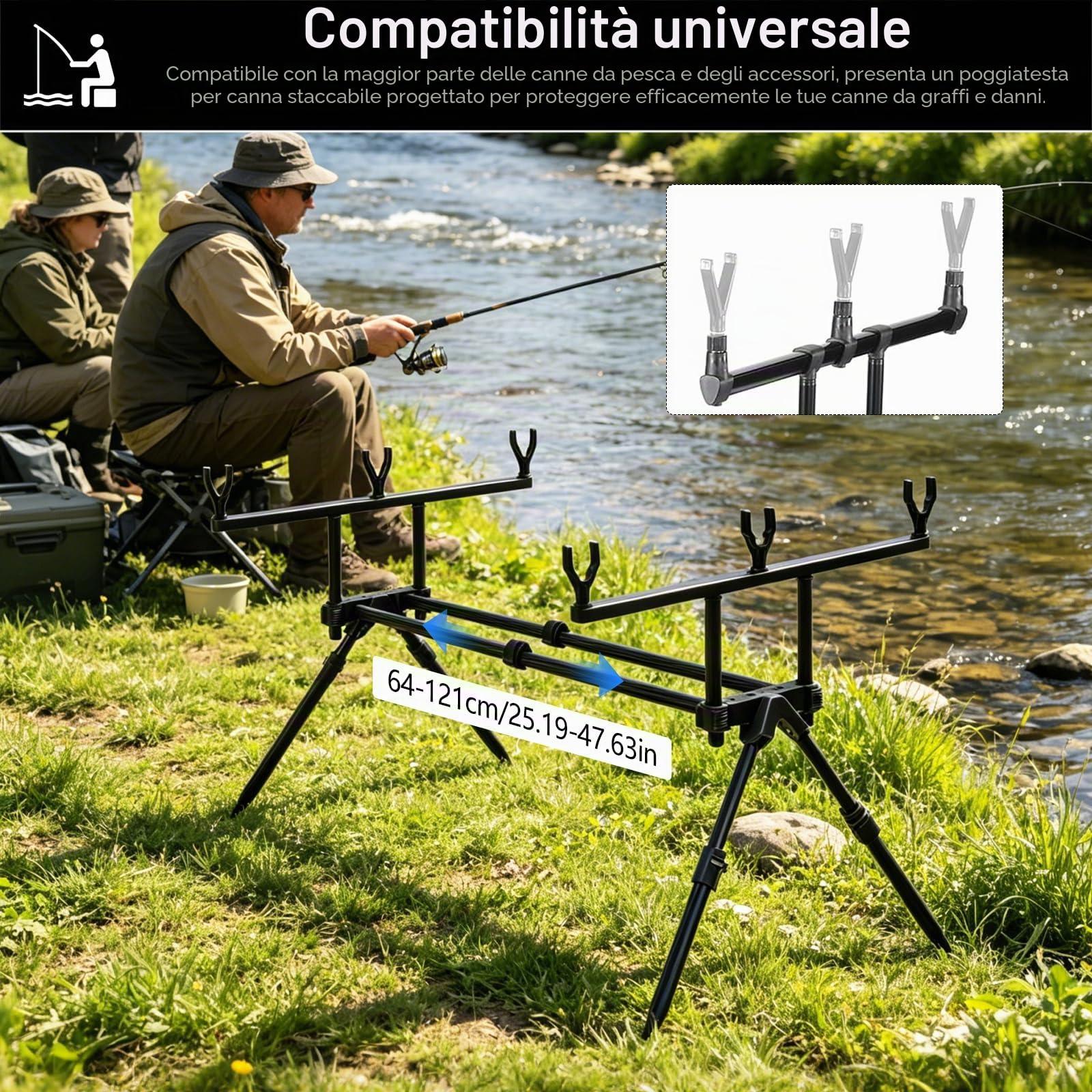Portacanna, 64-121 cm Supporto per Canna da Pesca Estensibile a Tre Teste Porta Canne da Pesca con Borsa Portaoggetti e 6 Teste di Supporto per Asta Accessori da Pesca per Pesca Alla Carpa Dalla Riva