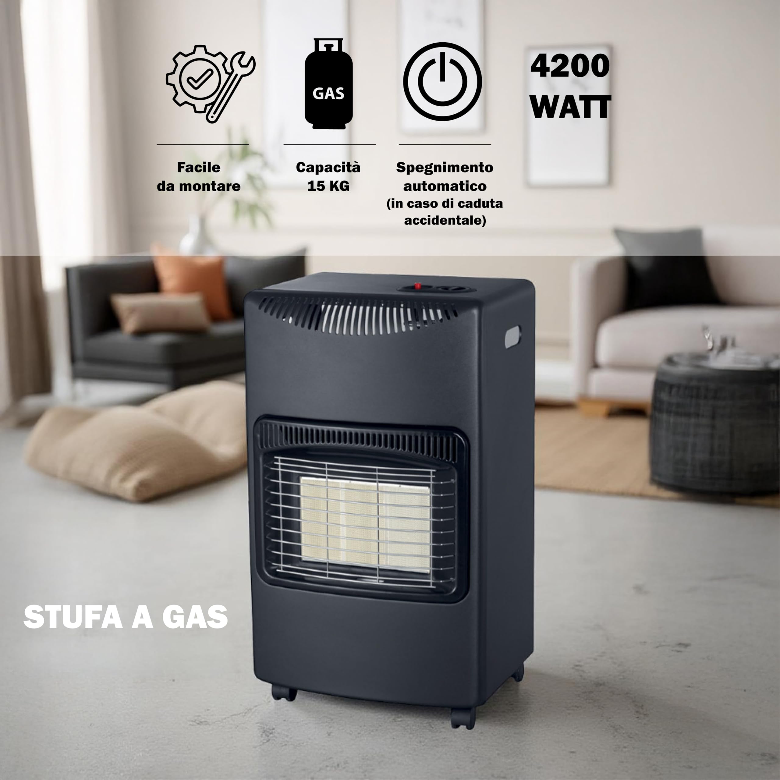 Stufa a Gas 4200W - Bombola 15Kg, 3 Livelli di Riscaldamento, Compatta, 4 Ruote Piroettanti, Accensione Piezoelettrica, Gas GPL, Spegnimento Automatico - (Fiamma Gialla)
