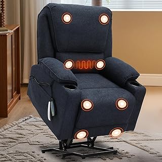 Aufstehsessel für Senioren, Liegesessel mit Massagegerät und Heizfunktion, Elektrischer Aufstehsessel mit Getränkehaltern, USB-Anschluss und 2 Seitentaschen (Marineblau)
