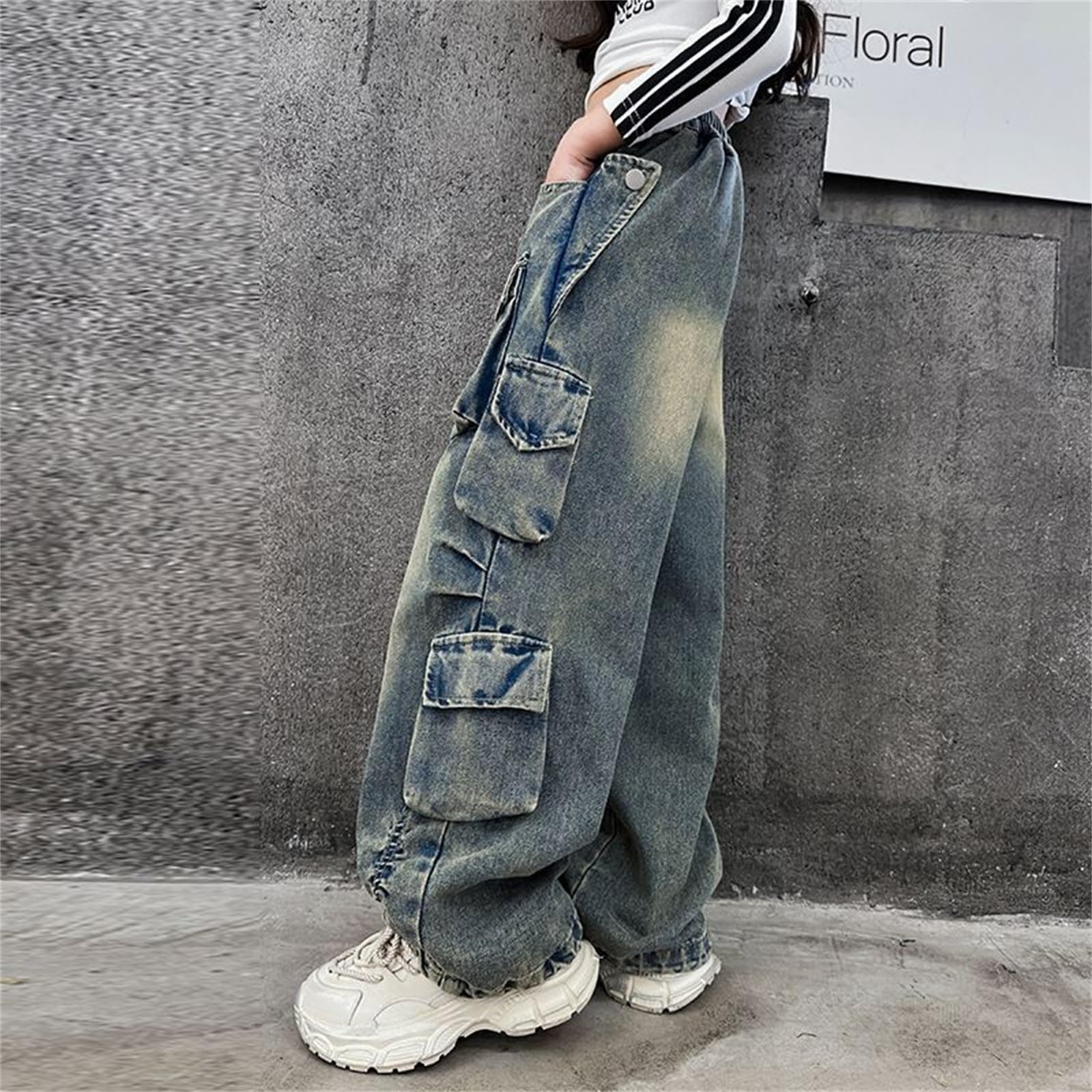 Pantalones vaqueros para niñas rotos y descoloridos, holgados, de pierna ancha, pantalones de mezclilla casuales, talla 5 – 16