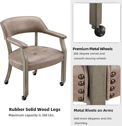 Miniatura 6 de MODERION Sillas de comedor modernas de madera maciza marrón con ruedas y brazos, sillas de escritorio de oficina, sillas de acento giratorias