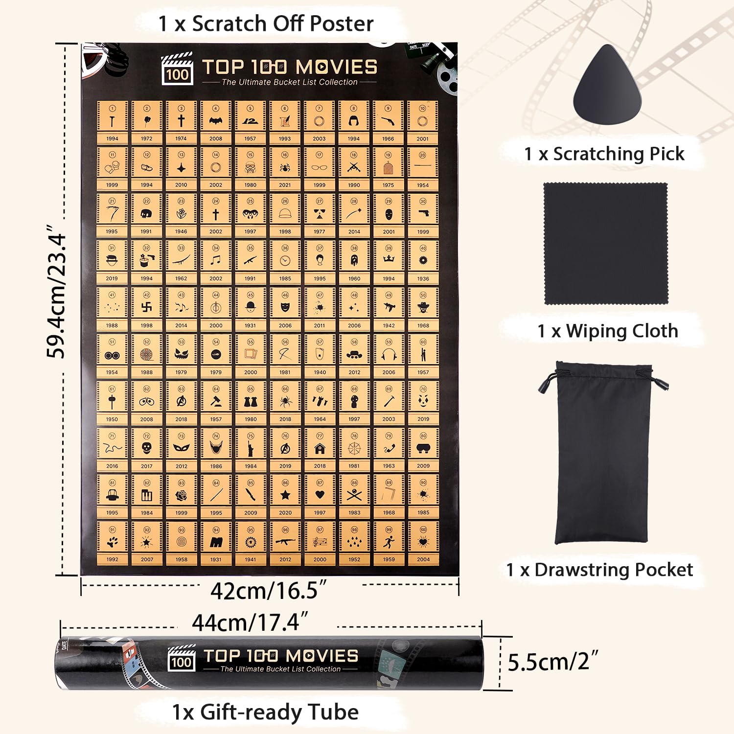 Tpudn Top 100 Movies Scratch Off Poster, A2 Size Movie Posters, Must See Movie Challenge with Scratcher Included & Gift Tube - Image 2