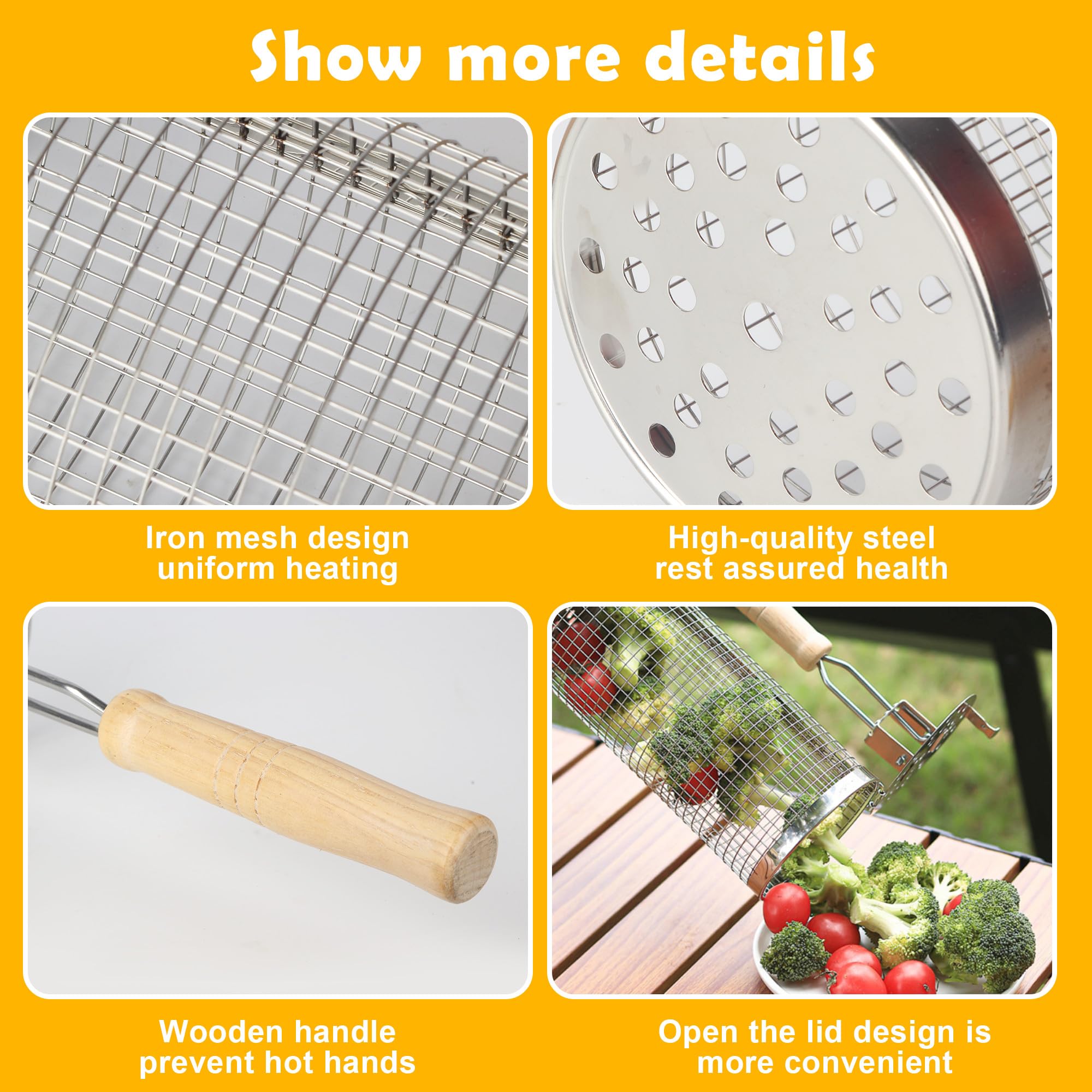 Cestello Rotolabile per Barbecue 7 Pezzi,Acciaio Inox 304 con Manico Rimovibile,Kit Barbecue e Accessori barbecue per Verdure Carne Pesce,Griglia per Barbecue BBQ Esterno Campeggio Cucina,Regalo Uomo