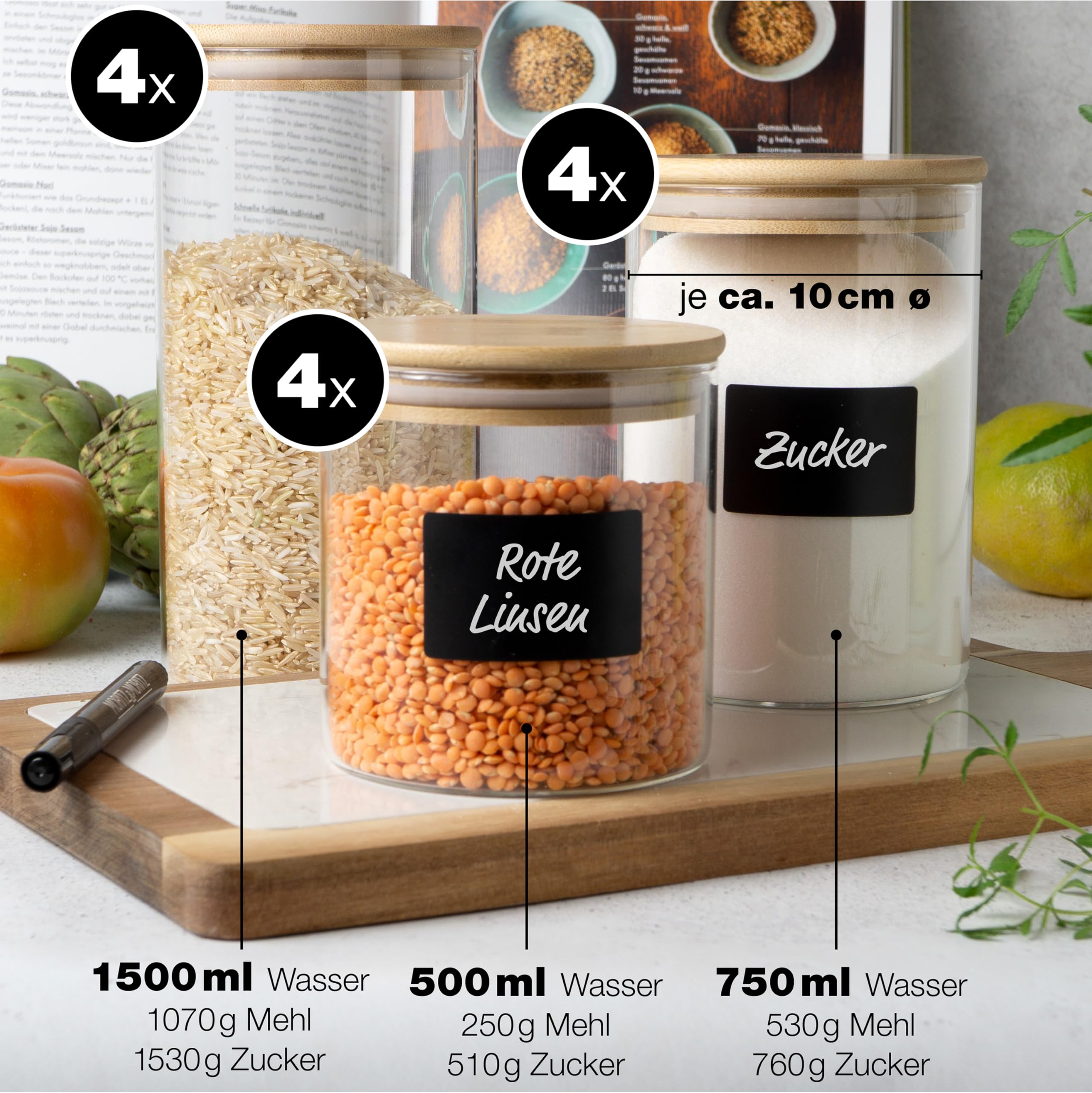 Moritz & Moritz 12x Vorratsgläser mit Deckel Set 4x 1500 ml 4x 750 ml, 4x 500 ml - 12x Vorratsdosen Glas mit Deckel luftdicht aus Bambus - Als Aufbewahrungsgläser Küche