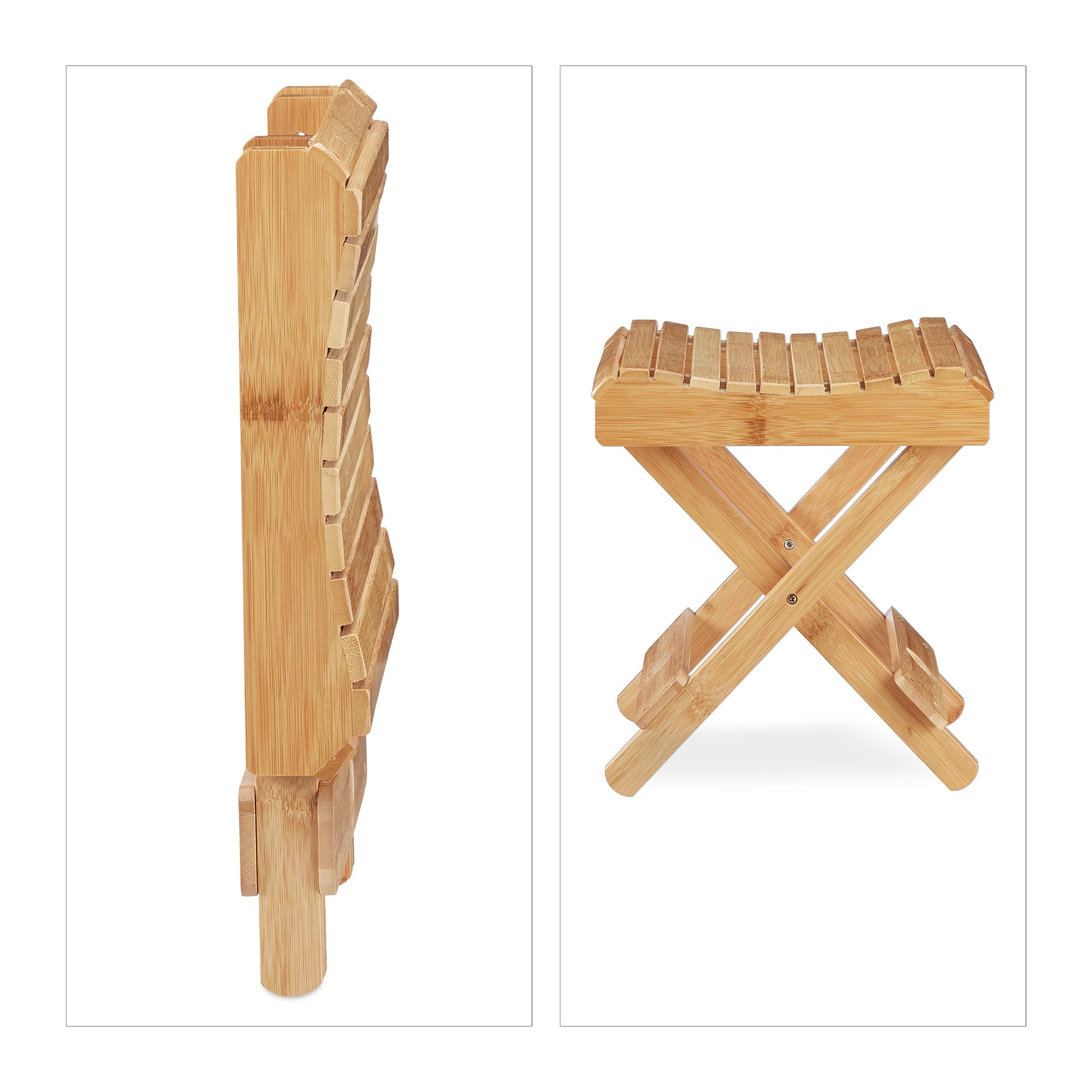 Relaxdays Sgabello Pieghevole, Accessori da Bagno in bambù, Resistente all’umidità, Panca,HLP 31,5x27,5x28,5 cm,Naturale