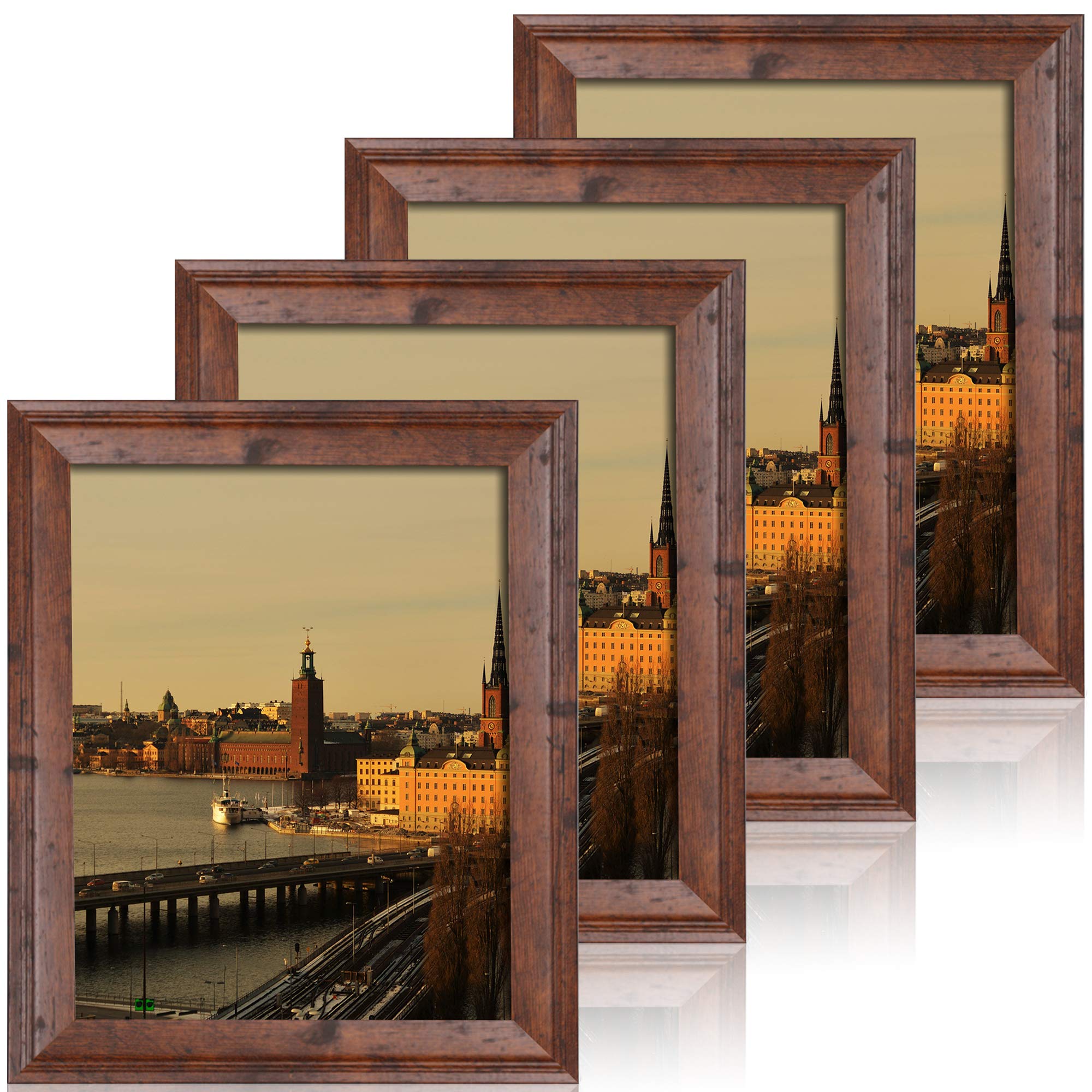 iRahmen 8x10 Picture Frame Set of 4, Brown Rustic Vintage Photo Frame with Real Glass, 8 x 10 Frames for Wall Mount and Tabletop Display