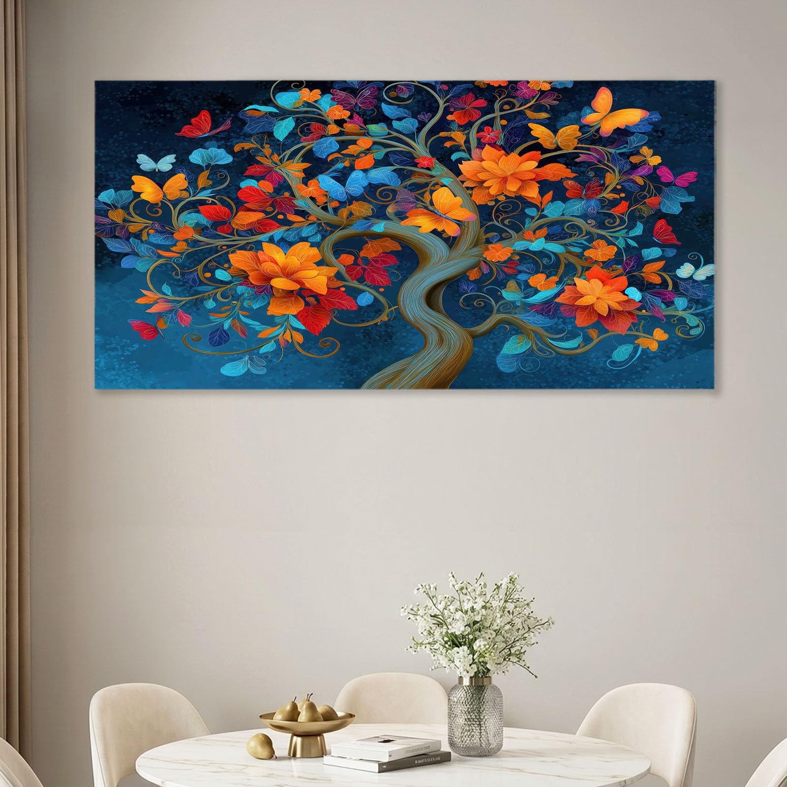 Obraz ścienny fantazja kwiaty obraz na płótnie - obraz na płótnie 120 x 80 cm, wydruk na płótnie z drzewem życia, liśćmi, oprawiona sztuka ścienna do salonu i sypialni, dekoracja ścienna, niebieski