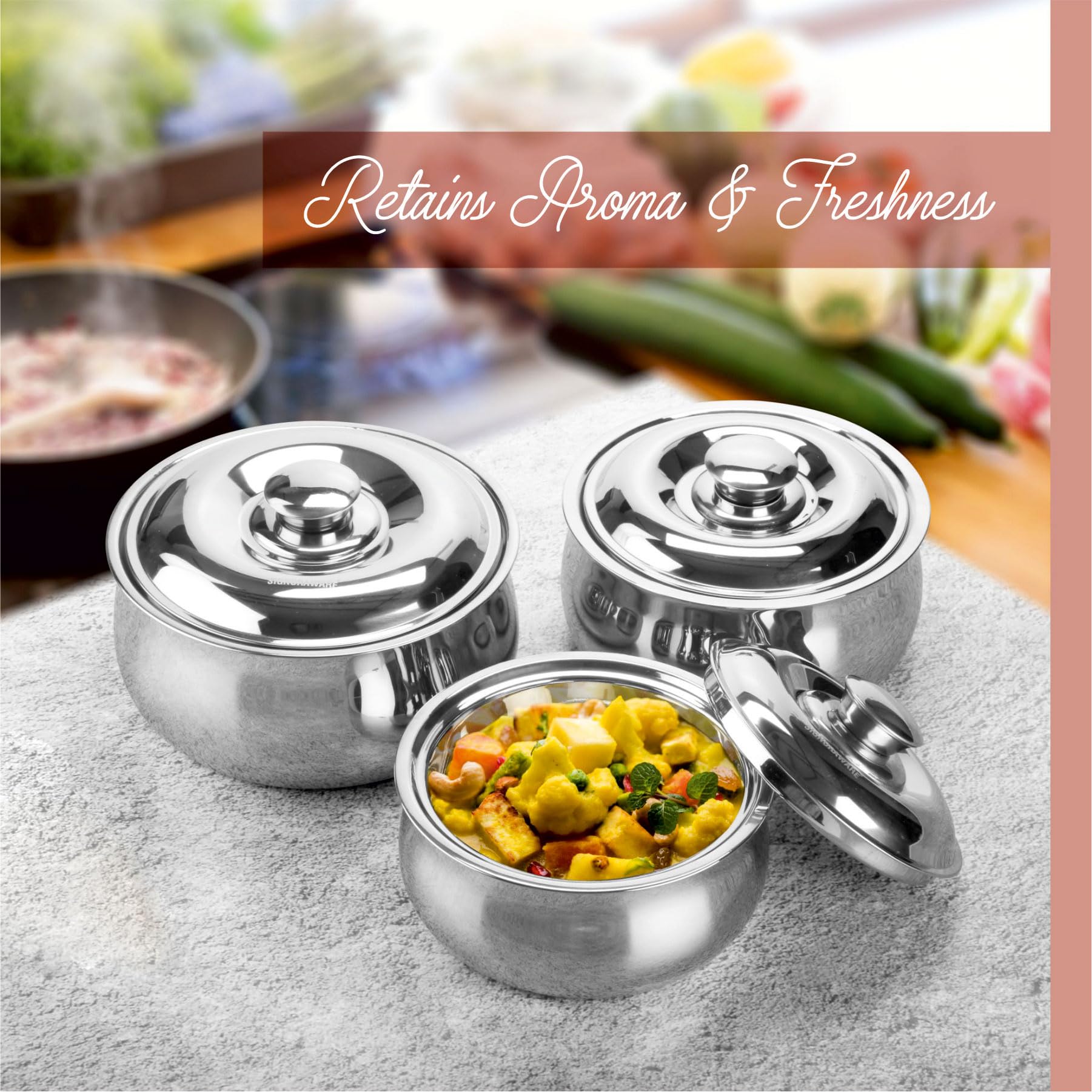 SIGNORA WARE Set di 3 grandi casseruole isolate con coperchio, in acciaio inox, per scaldavivande e insalata, contenitore termico per alimenti caldi, set regalo per mamme