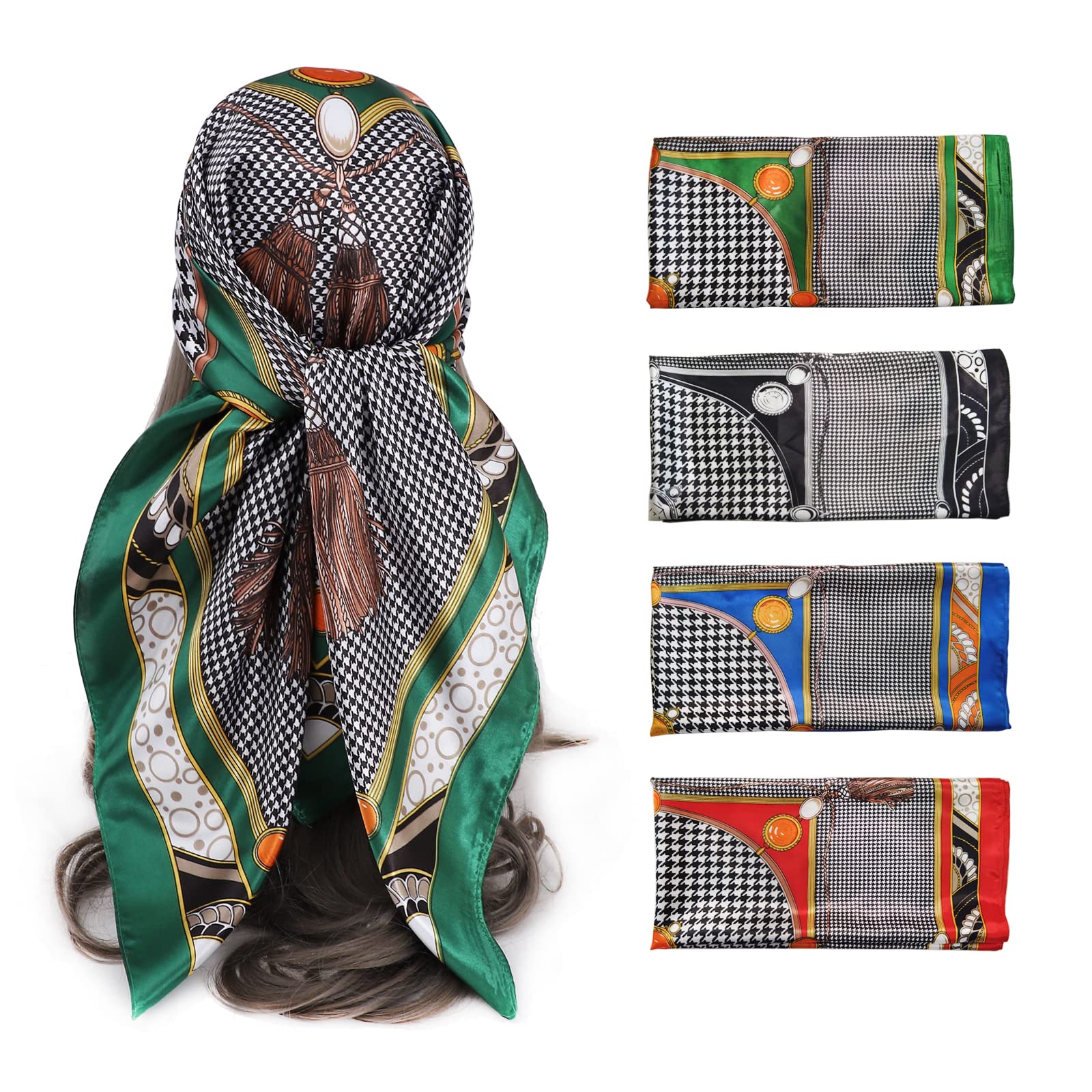 KEYHHAO4PieceBoho HairBandanas forWomen Satin HeadScarvesWomen FashionSilkScarf Fashion Printed Square ScarfSunscreenScarf KEYHHAO