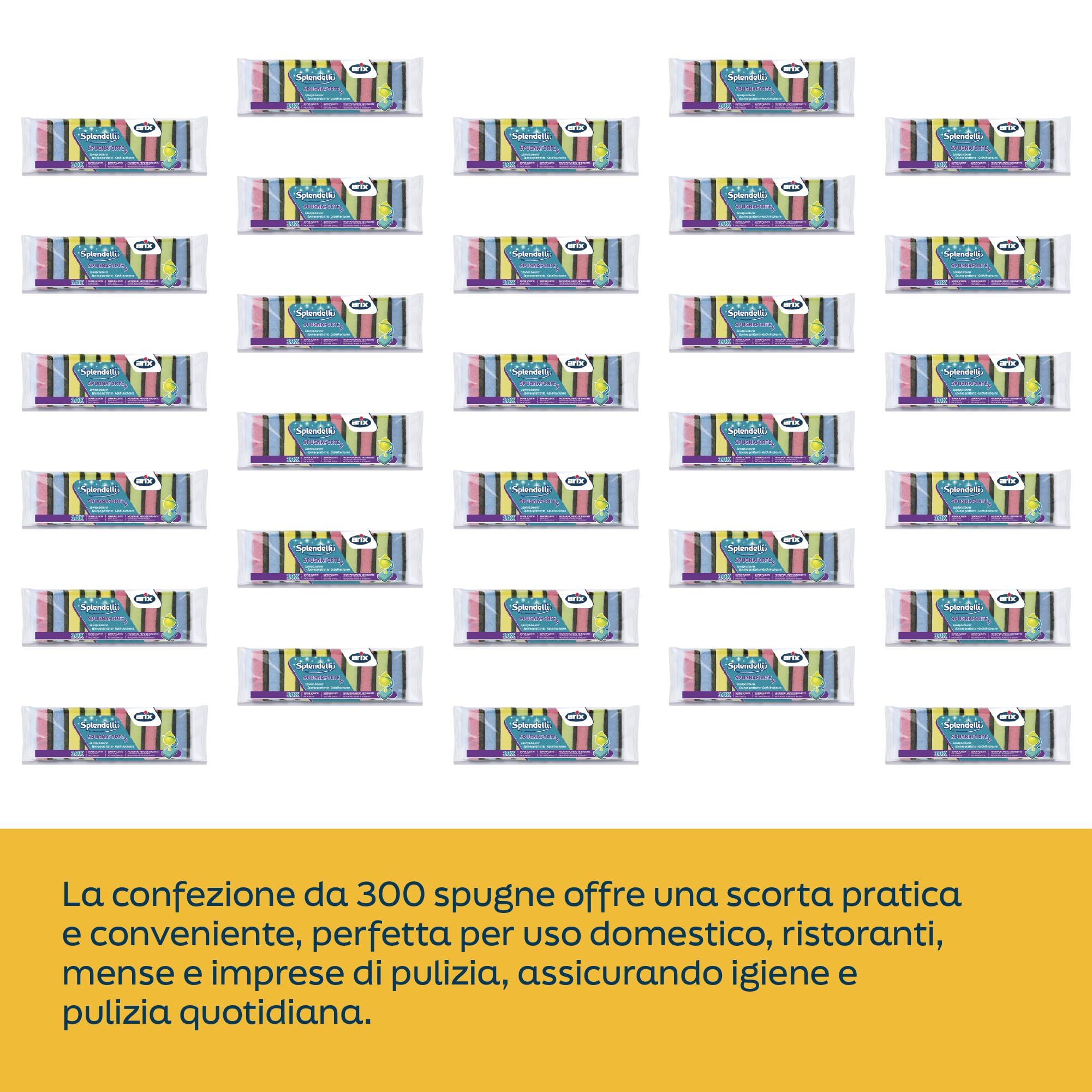 ARIX | 300 éponges abrasives colorées et résistantes de la Ligne Splendelli, éponges polyvalentes pour la saleté obstinée. 30 Paquets de 10 éponges - Fabriqué en Italie