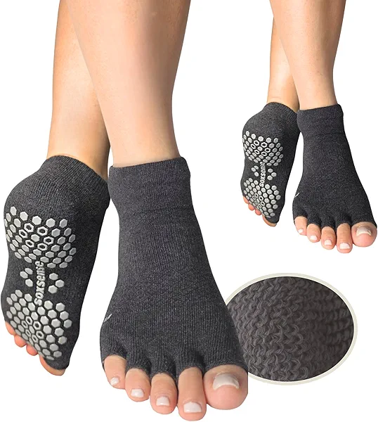 Soxsense Toeless Grip Socks for Pilates & Yoga, Open Toe Non Slip Socks with Cushion for Barre, Dance, Workout 2Pairs