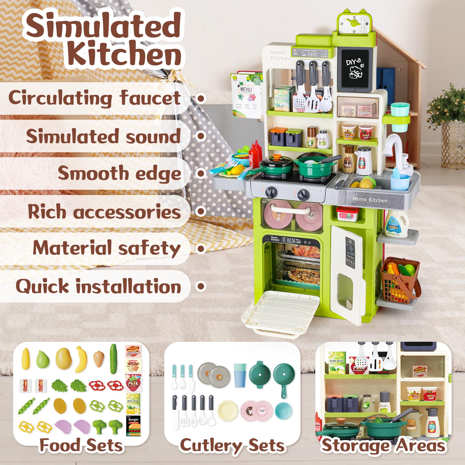deAO Cucina giochi per bambini con luce sonora acqua vapore e accessori da cucina, set da cucina per bambini con frigorifero, lavastoviglie, fornello, forno, cucina, giocattolo per bambini dai 3 anni