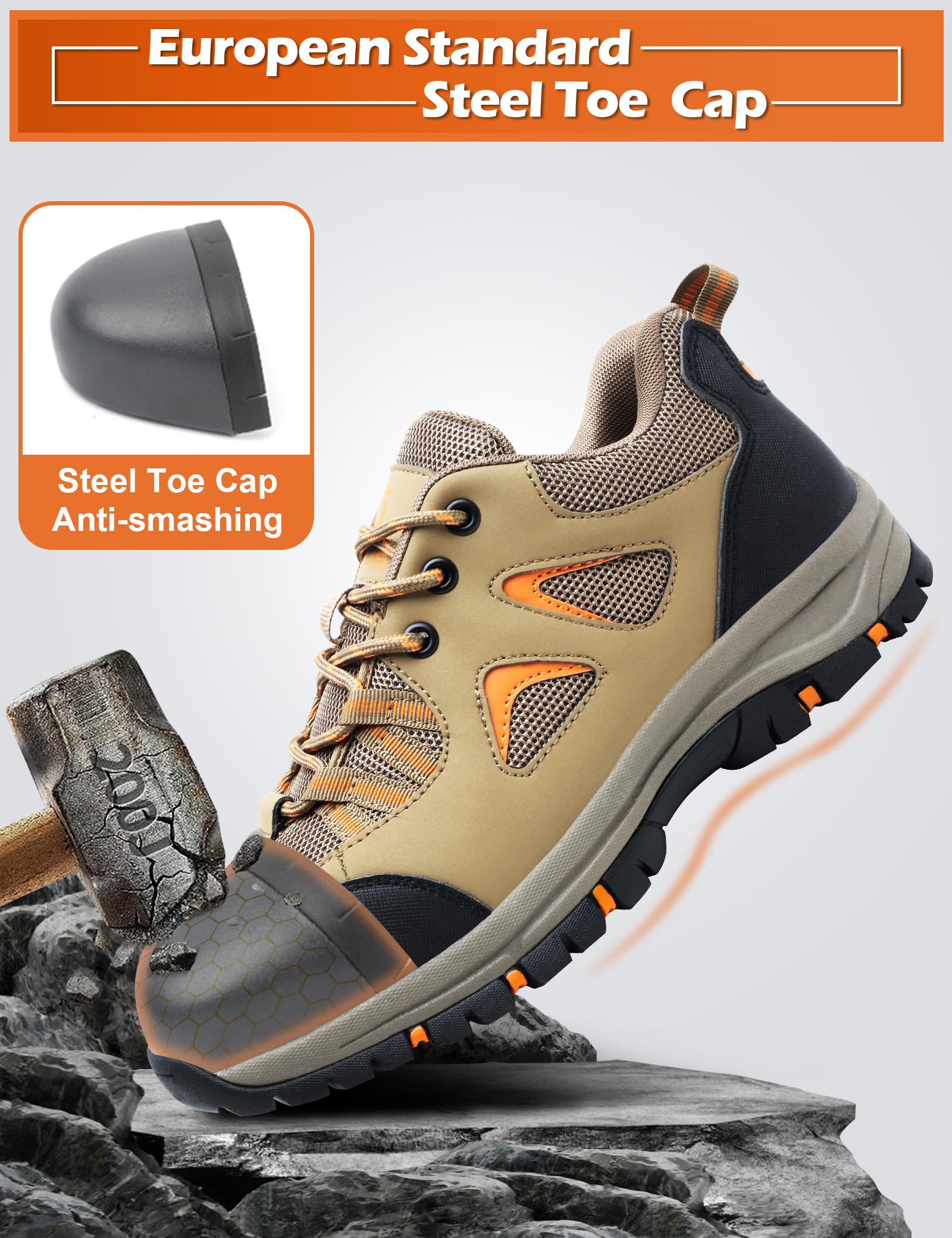 ISOOUS Steel Toe Shoes for Men Women Safety Composite Toe Sneakers Lightweight Comfortable Non Slip Resistant Work Shoes for Men Utility Indestructible Industrial Construction Brown