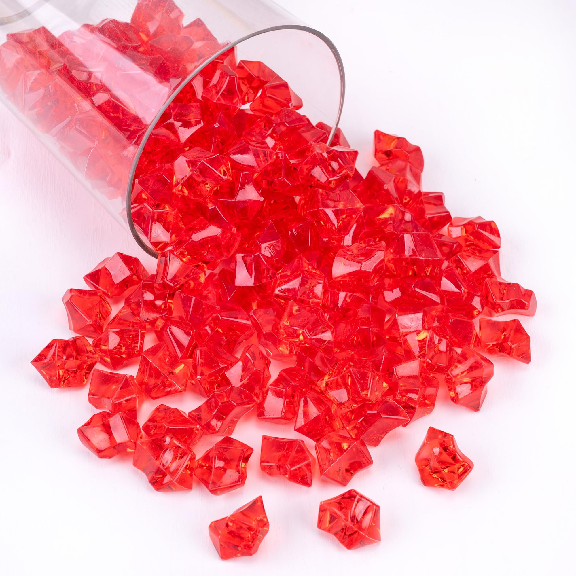 150 PCS Acrylic Diamond Crystals Fake Crushed Ice Rocks Plastic Gemstones Artificial Plastic Ice Cubes for Vase Fillers Home Decoration Arts Crafts Display Fish Tank Rocks Table Scatter (Red)