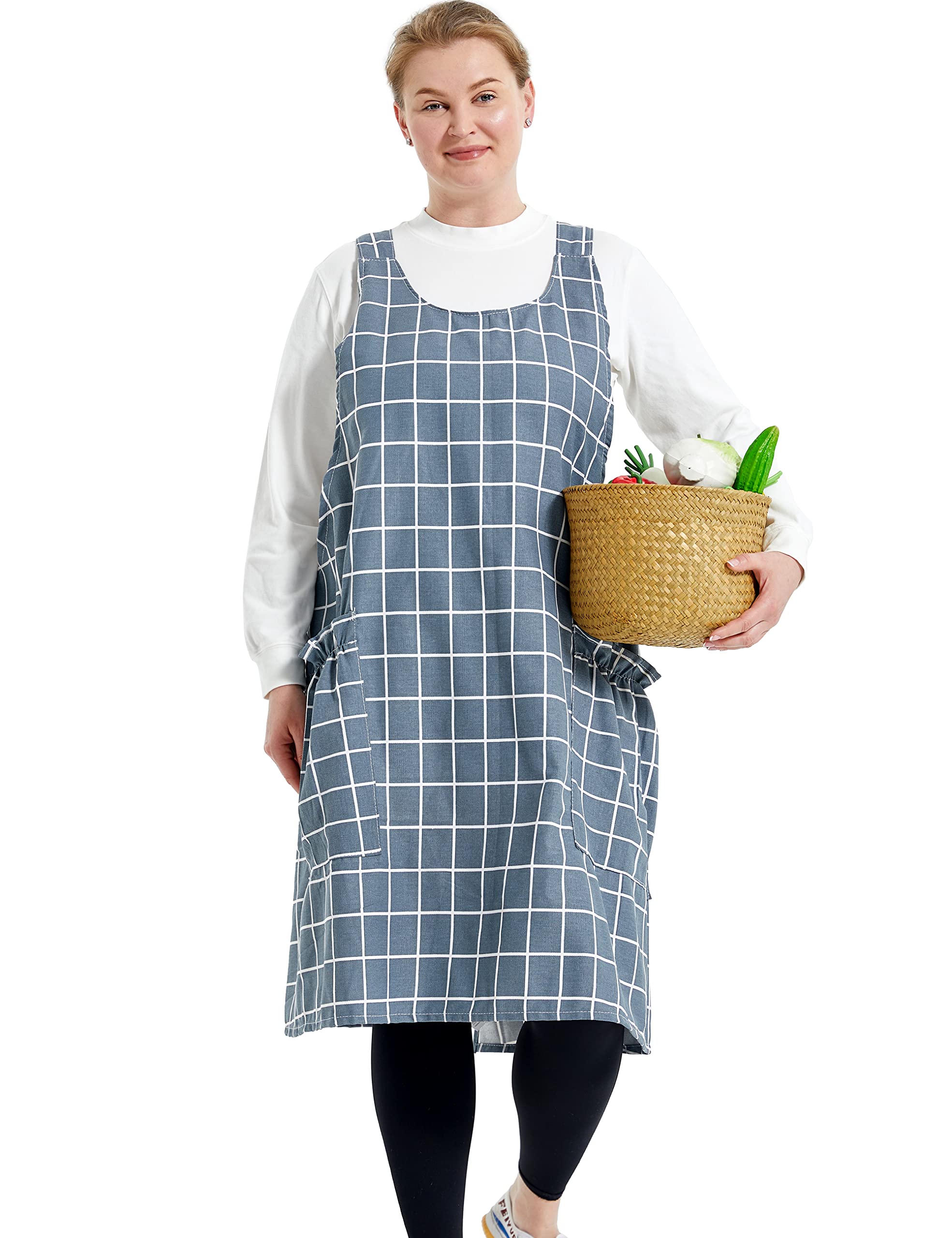APRONNER Big Plus Size Aprons for Women with Pockets Cotton Linen Baking Kitchen Cooking Grey Grid, Grey