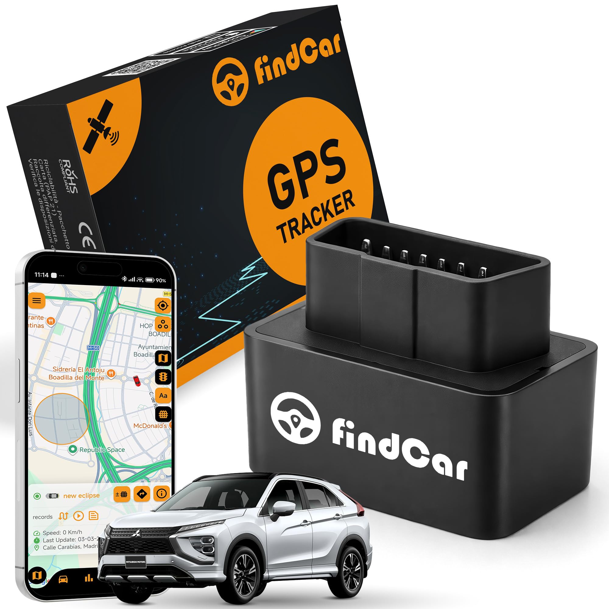 FindCar - Localizador GPS OBD para Coche Moto y Camión – Rastreador con SIM Integrada – Alerta Antirrobo Exceso Velocidad y Zona Segura – Seguimiento con App Móvil – Suscripción Flexible