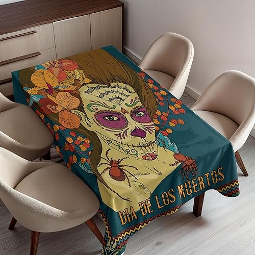 Ambesonne Mantel del Día de los Muertos, Dia de Los Muertos, estampado de niña con corazones de rosas, mantel rectangular para decoración de comedor