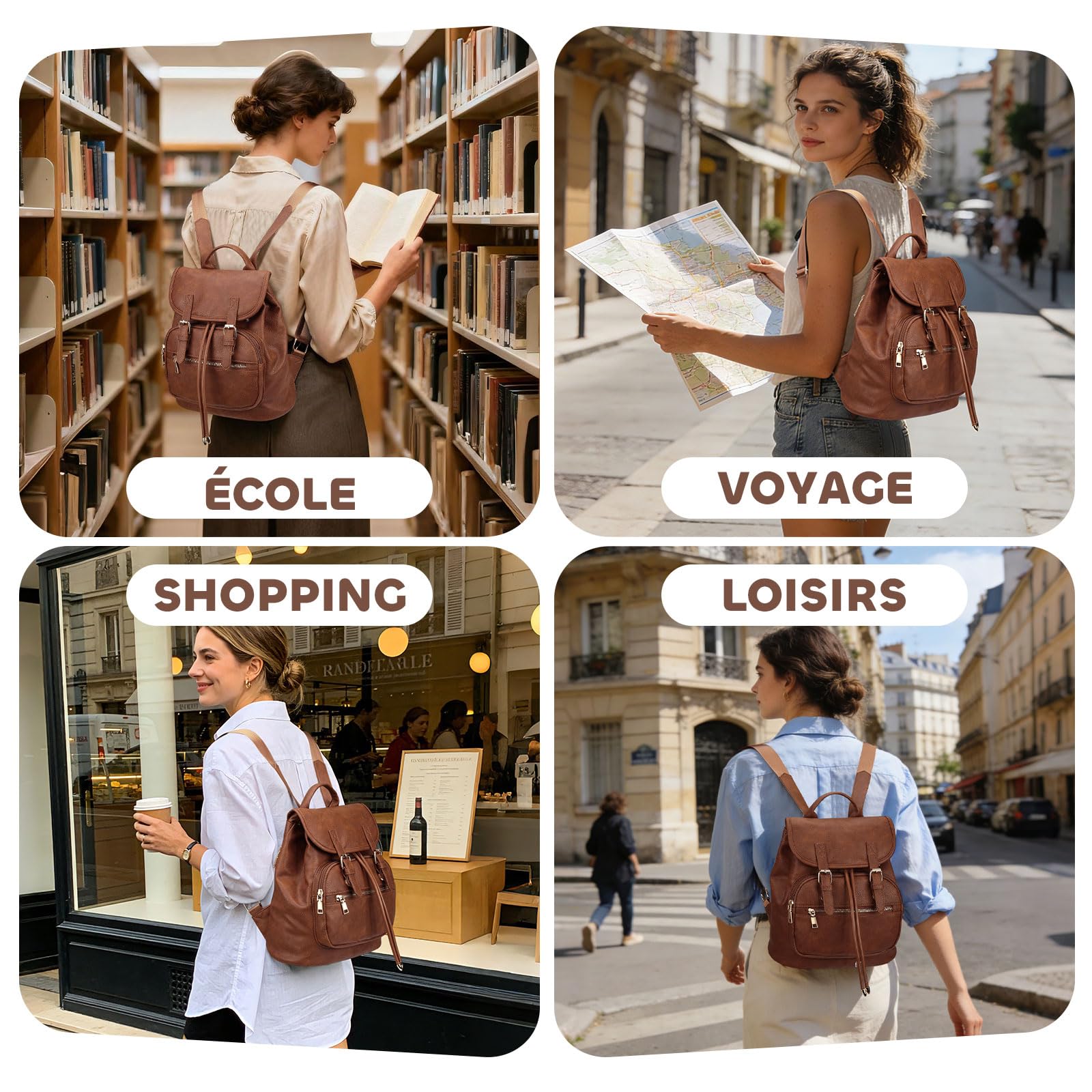 Leathario Petit Sac a Dos Femme, Sacs à Main Portés Dos Femme Antivol Léger Backpack Loisirs Casual en Cuir Vegan pour Voyage L'école Travail Université Collège Shopping