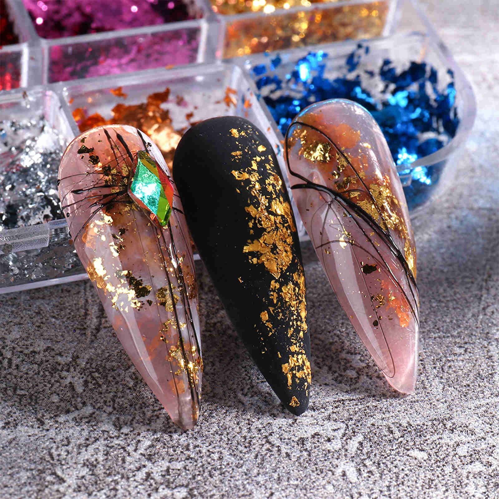 Paillettes Flocons de Feuille d'or Nail Art Holographique 2Pcs Gold Leaf Paper Metallic Foil Flakes Mix Or Argent Cuivre