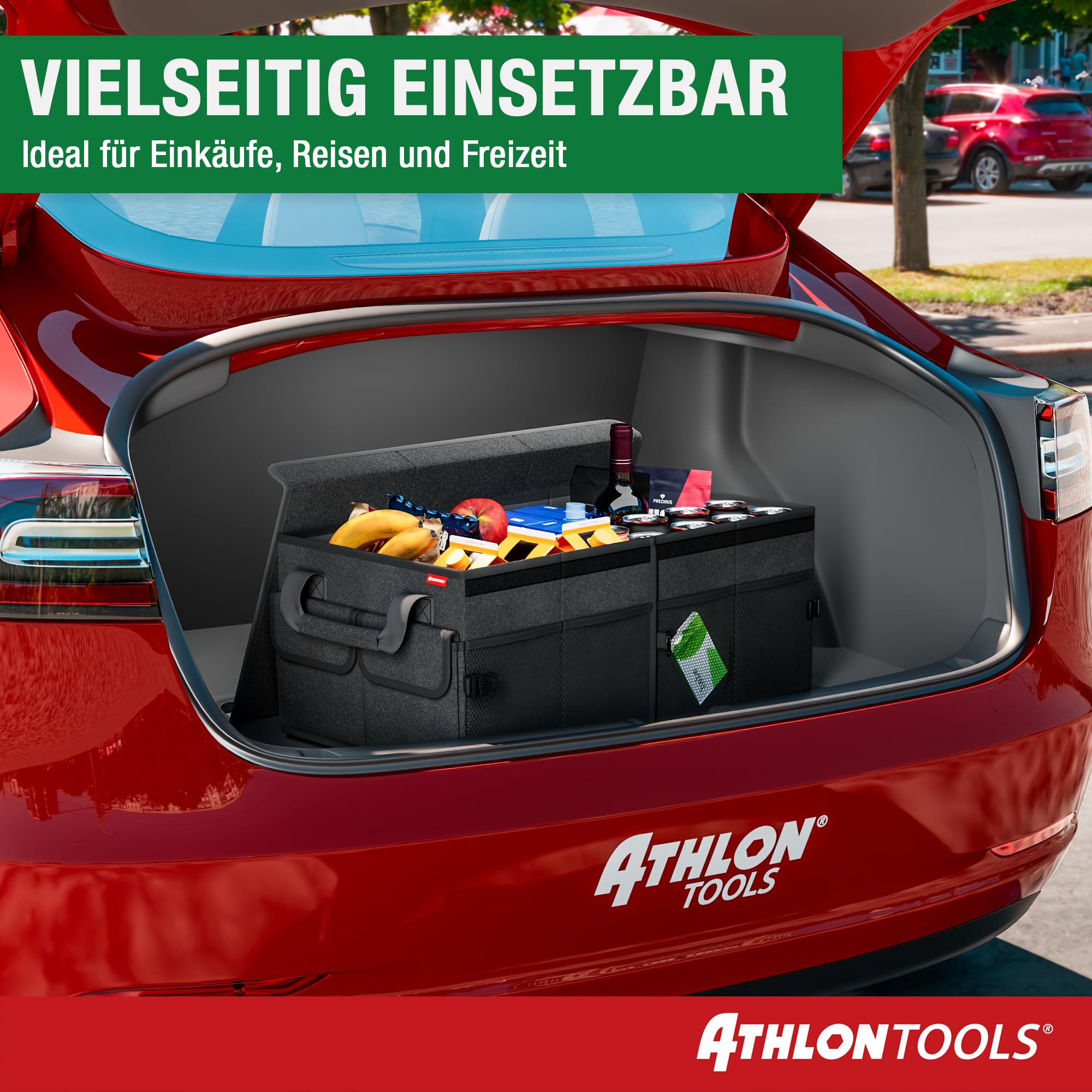 ATHLON TOOLS Organizador para maletero XXL – Organizador de coche plegable - Bolsa para maletero antideslizante, reforzada, bolsa para maletero estable con tapa – Caja para coche para guardar y