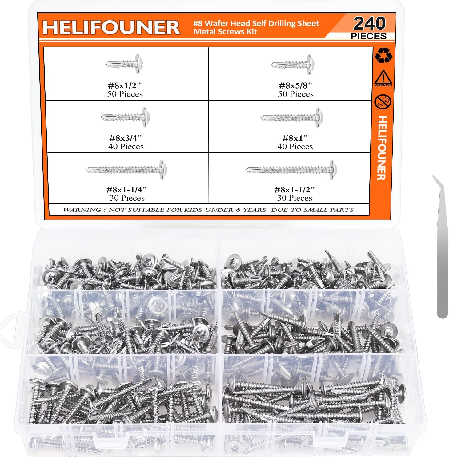 HELIFOUNER 240 Pieces #8 x1/2", 5/8", 3/4", 1", 1-1/4", 1-1/2" Wafer Head Self Drilling Screws Sheet Metal Screws Assortment Kit, 410 Stainless Steel