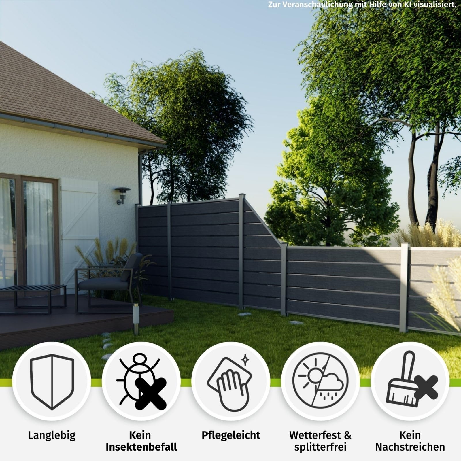 HORI WPC Sichtschutz-Zaun Design Komplettset Stecksystem Robuster Windschutz Modernes Lamellenzaun; Ideal für Garten & Terrasse - Anbauelement Halbhoch - zum Einbetonieren - Anthrazit